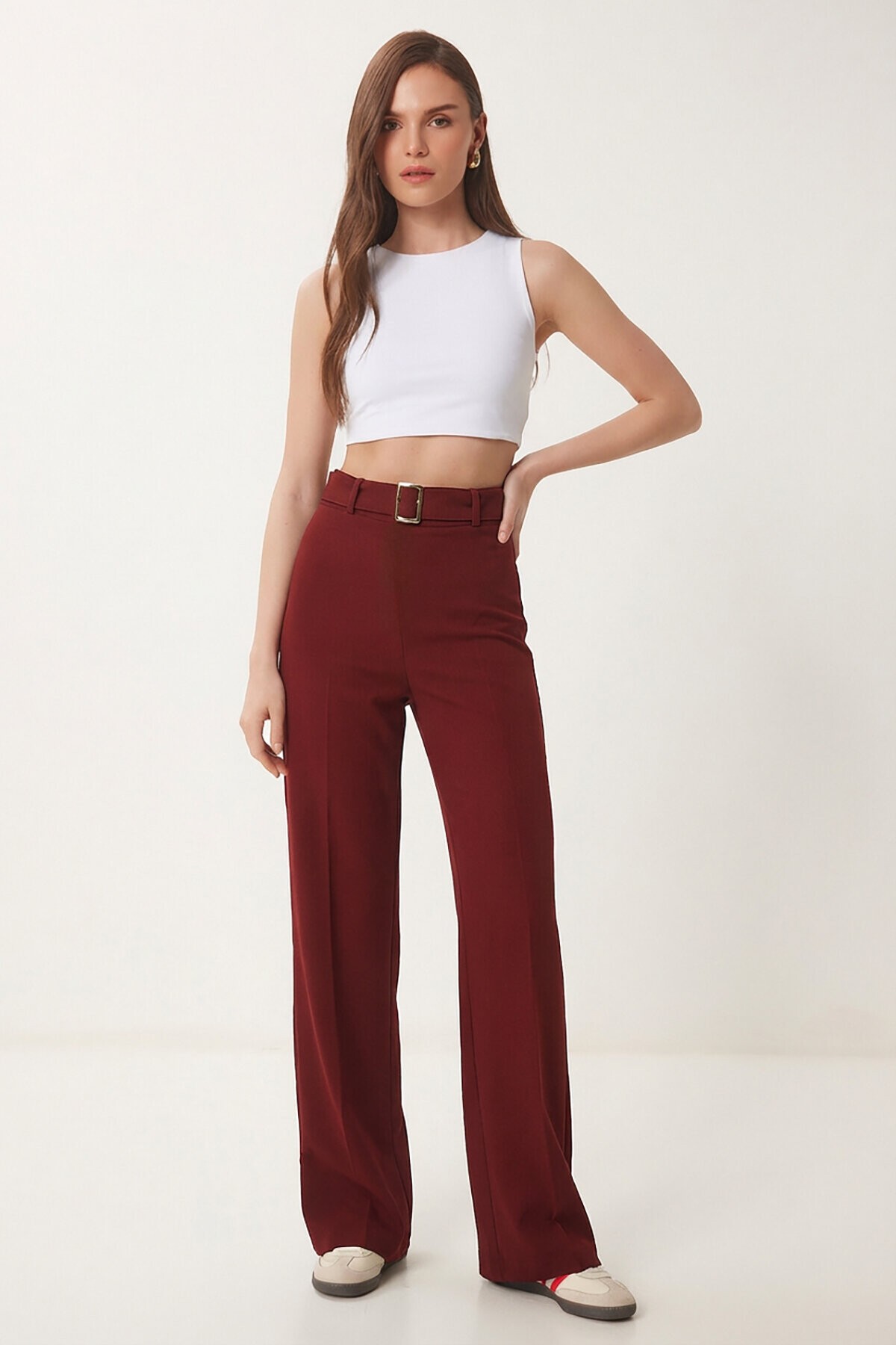 Kemerli Nervür Detaylı Örme Pantolon BORDO LUB0329