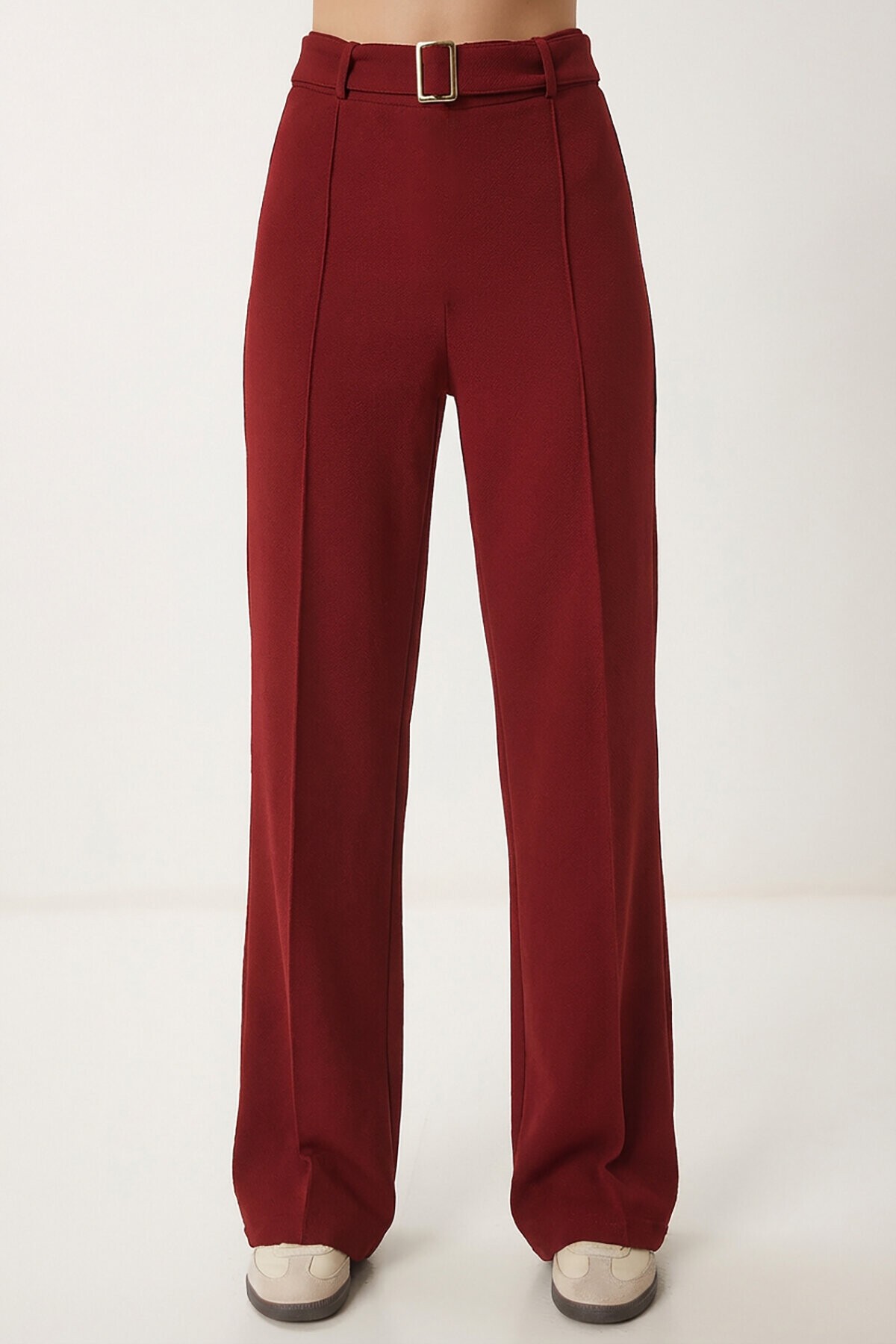 Kemerli Nervür Detaylı Örme Pantolon BORDO LUB0329