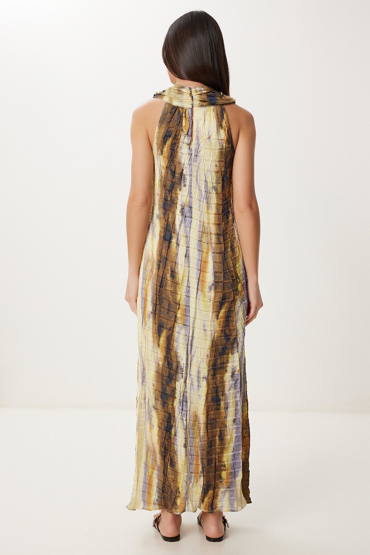 Kırışık Efektli Midi Dokuma Elbise SARI LUS0161