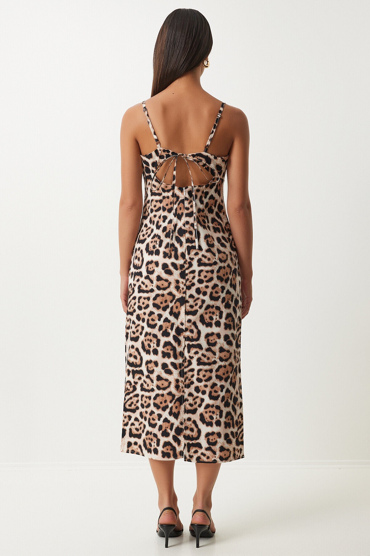Leopar Desenli Askılı Midi Elbise SİYAH BEJ LKJ0006
