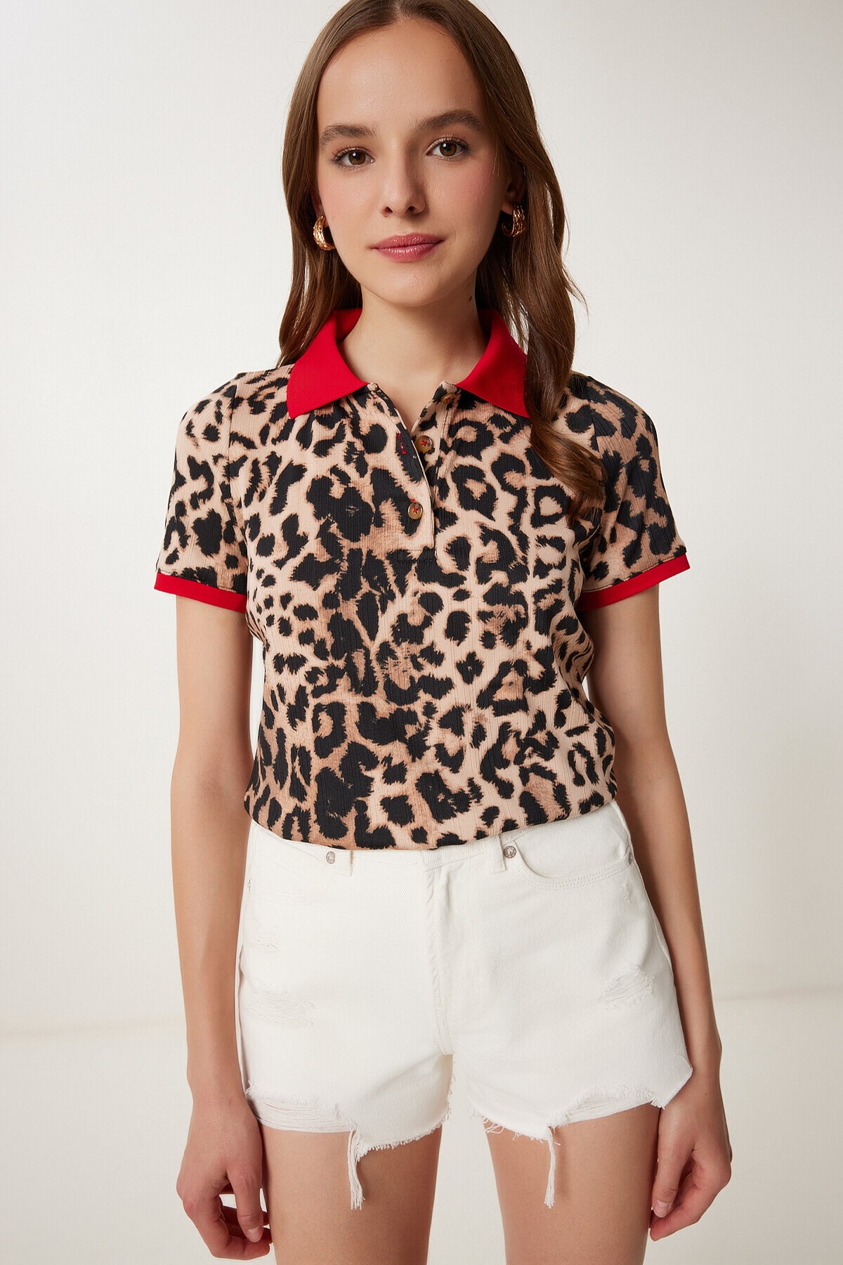 Leopar Desenli Esnek Örme Bluz SİYAH BEJ LTP0022