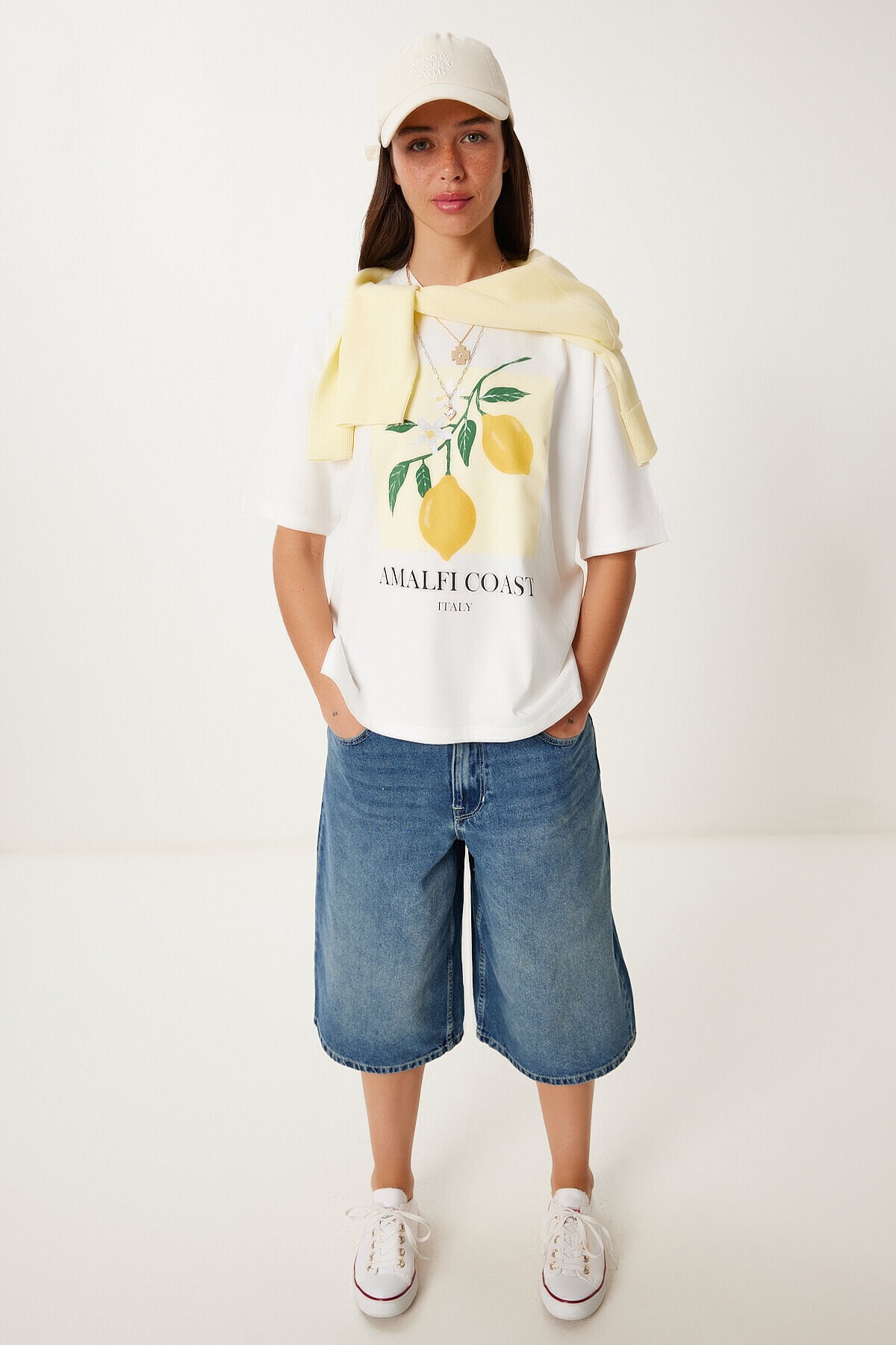 Limon Baskılı Pamuklu Örme T-shirt BEYAZ LUS0129