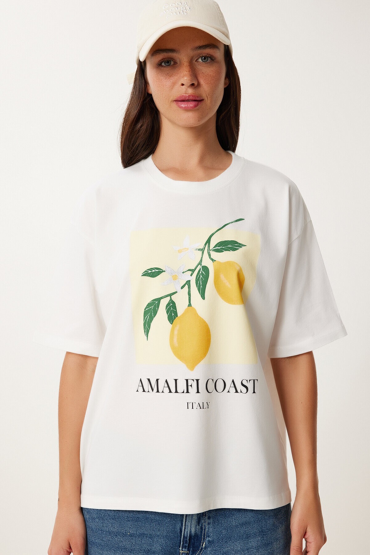 Limon Baskılı Pamuklu Örme T-shirt BEYAZ LUS0129