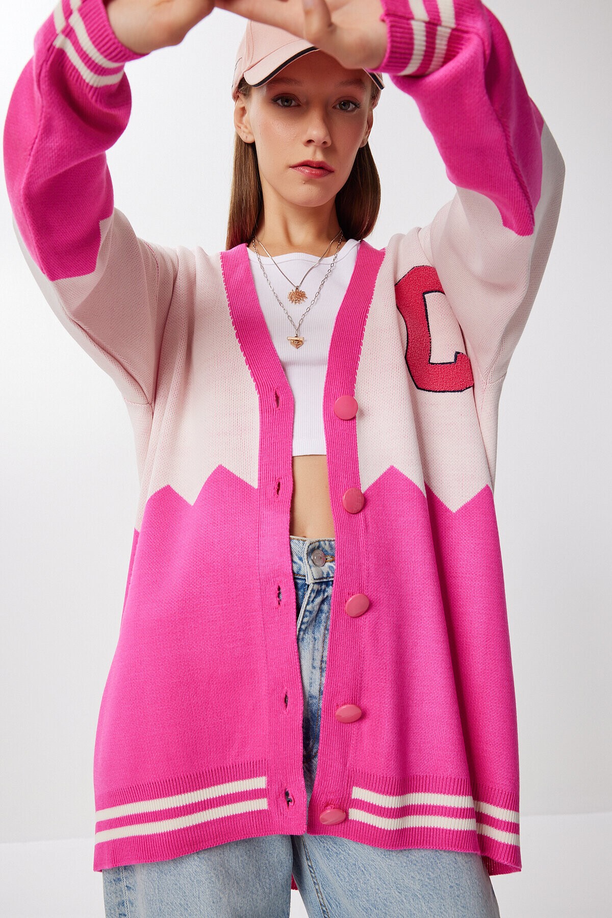 Oversize Kontrast Renkli Triko Hırka PEMBE EKRU LYY0132
