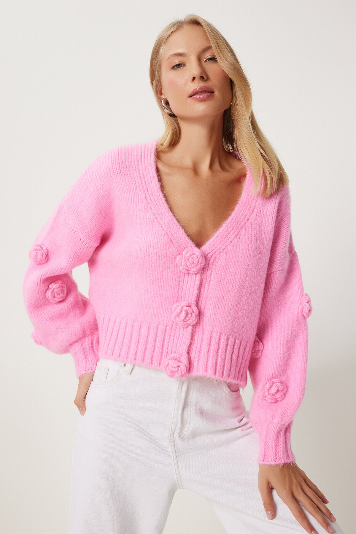 Ponpon Çiçek Detaylı Triko Hırka PEMBE LPF0045