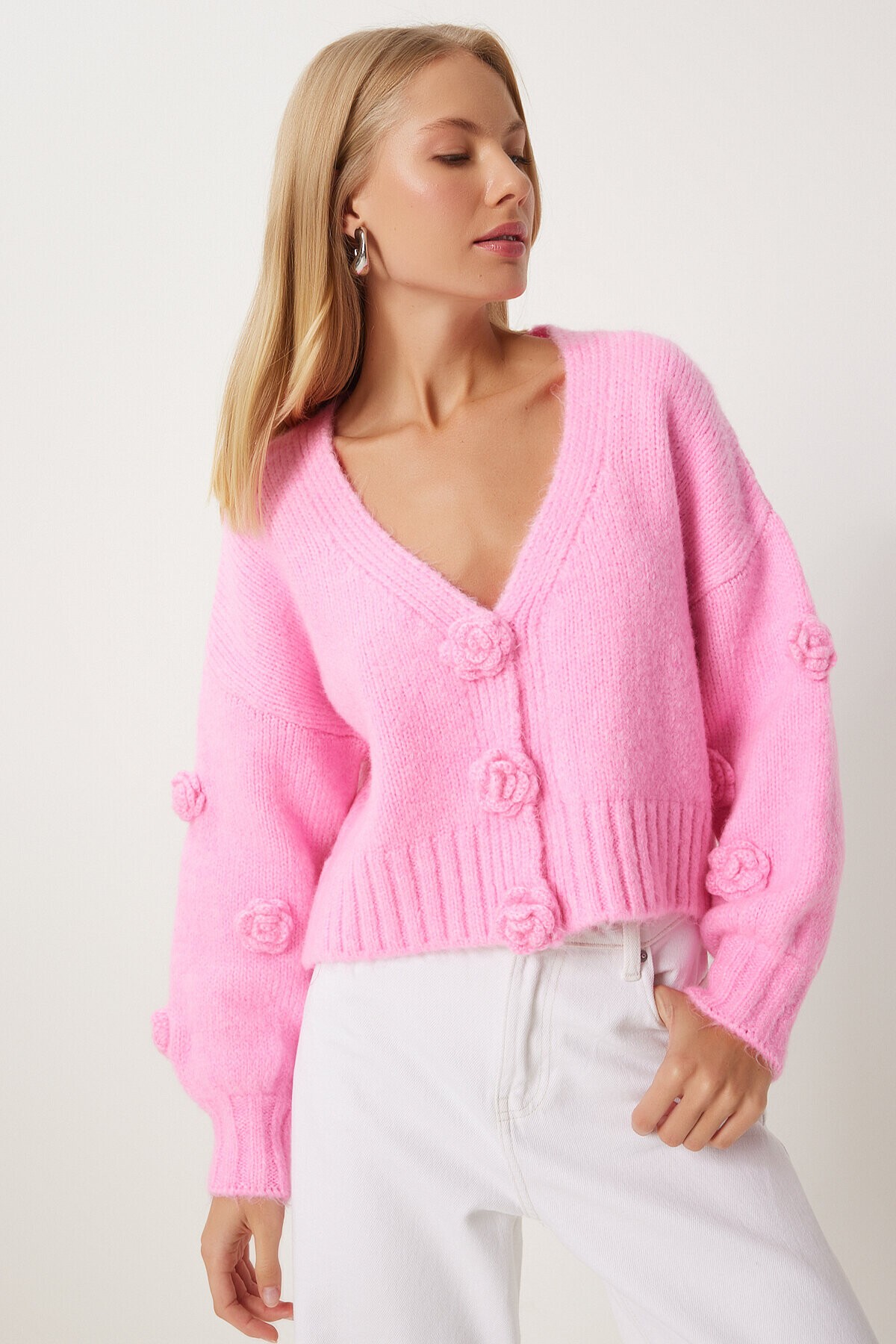 Ponpon Çiçek Detaylı Triko Hırka PEMBE LPF0045