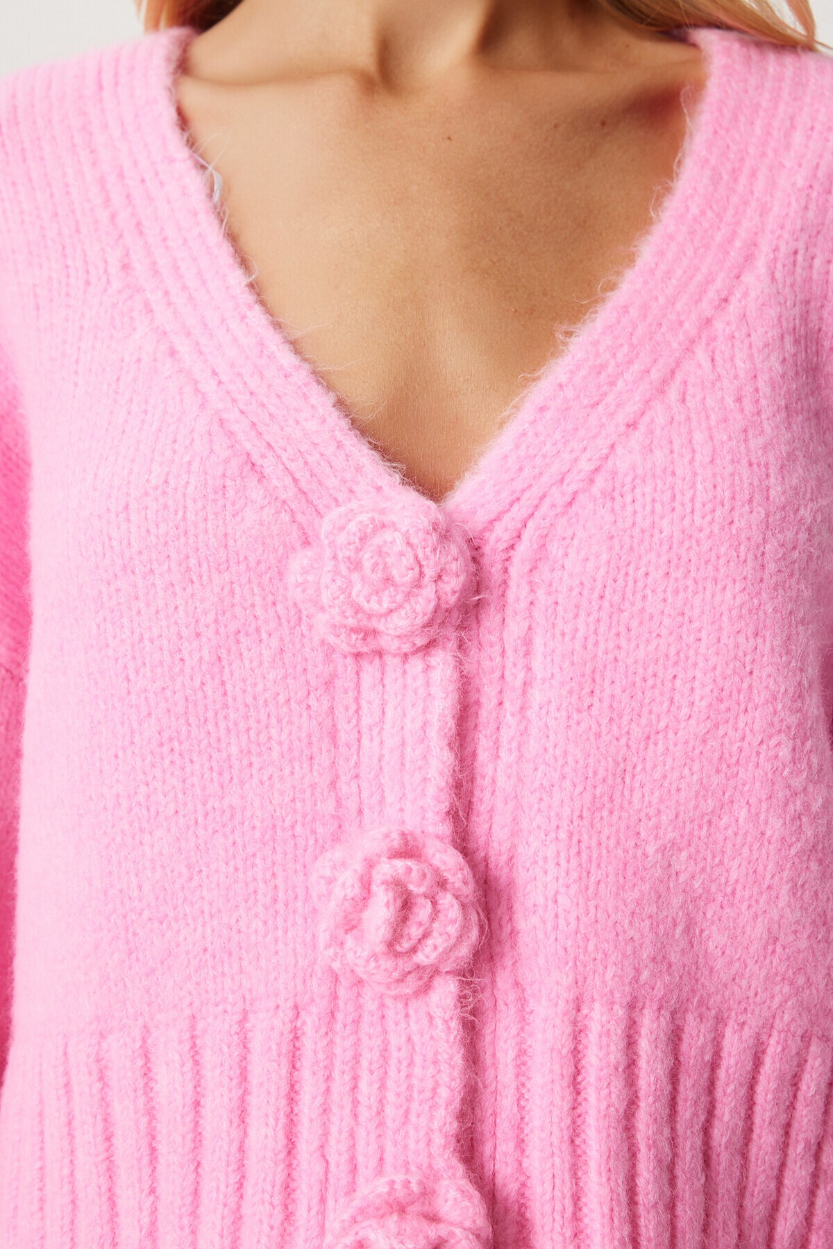 Ponpon Çiçek Detaylı Triko Hırka PEMBE LPF0045