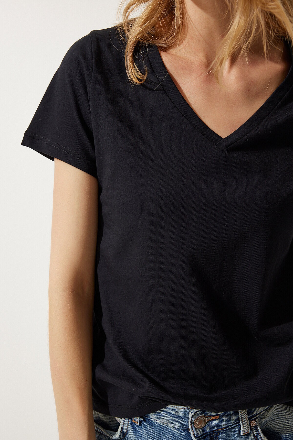 V Yaka Basic Örme T-shirt SİYAH LUB0011