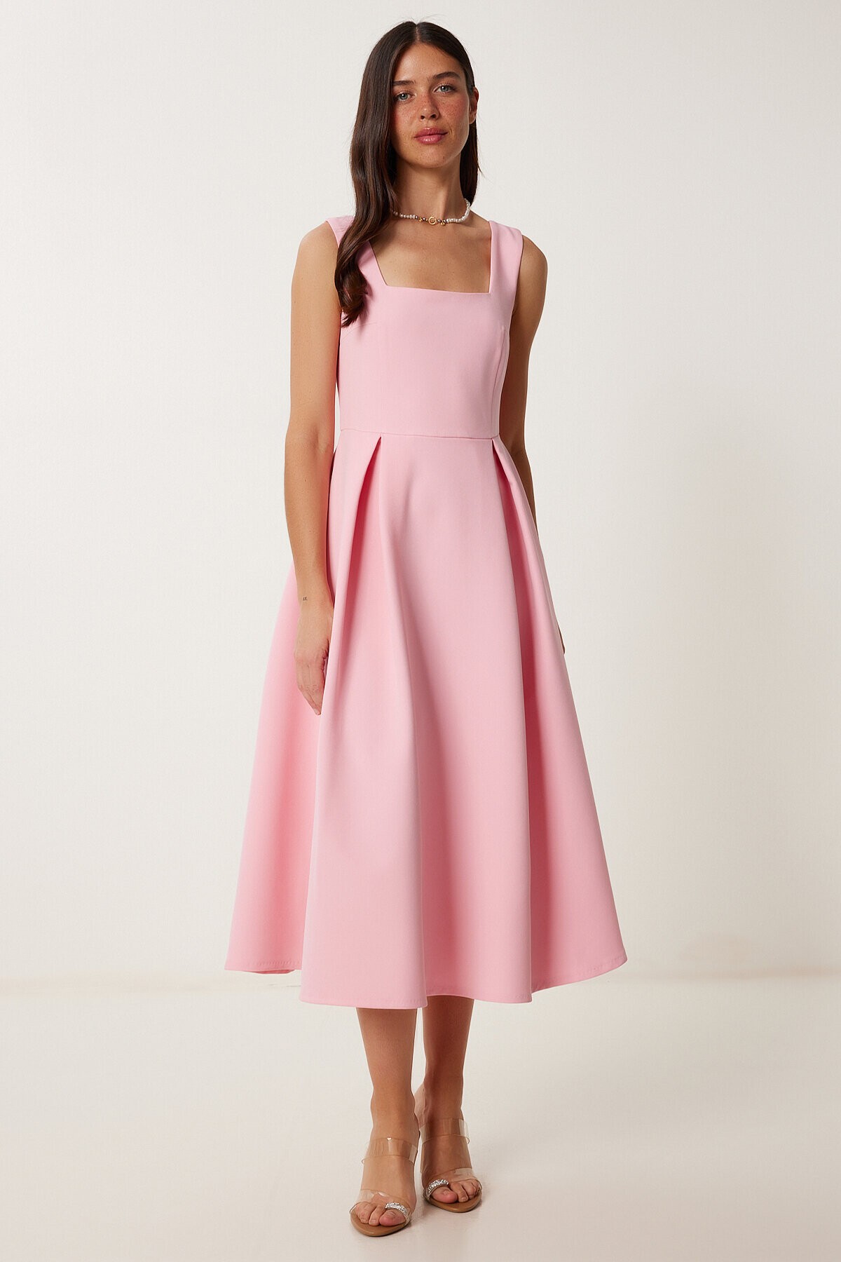 A Kesim Midi Dokuma Elbise PEMBE LWF0026