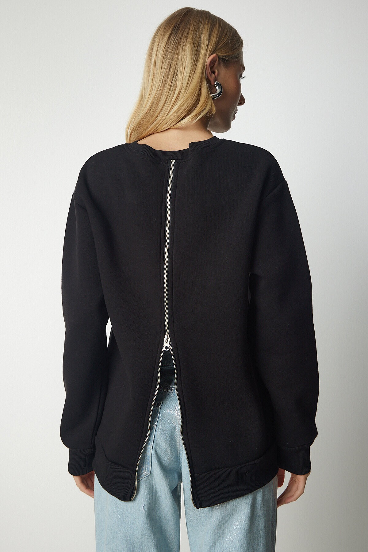 Arkası Fermuarlı Şardonlu Örme Sweatshirt SİYAH LUB0062