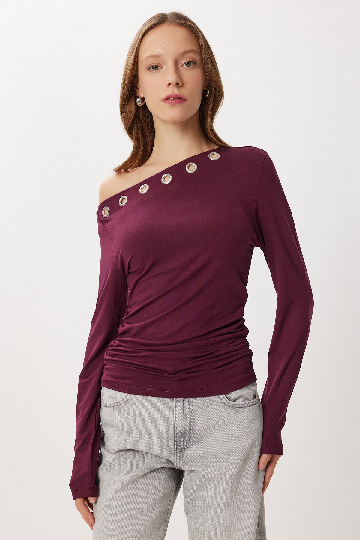 Asimetrik Halkalı Örme Bluz BORDO LUB0277