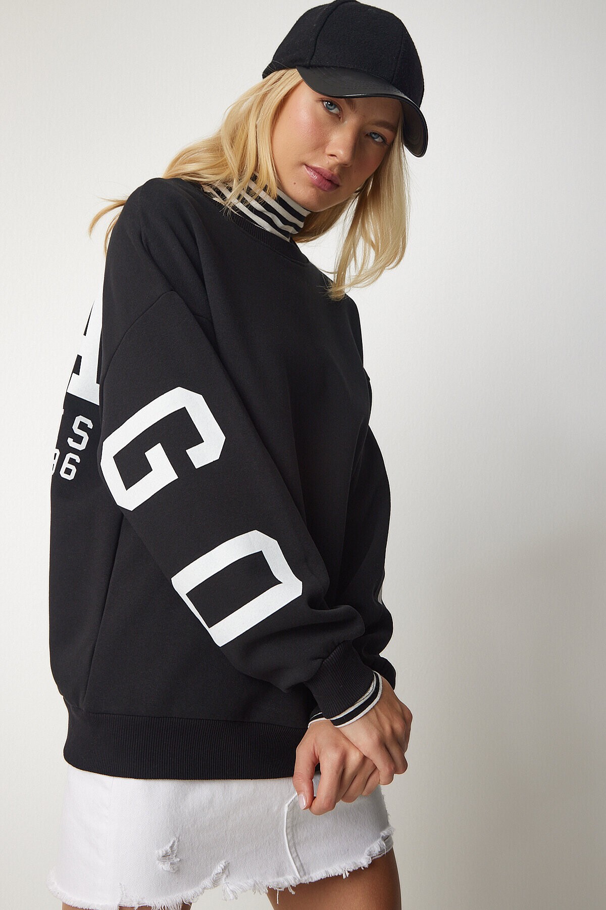 Baskılı Oversize Sweatshirt SİYAH LHF0019