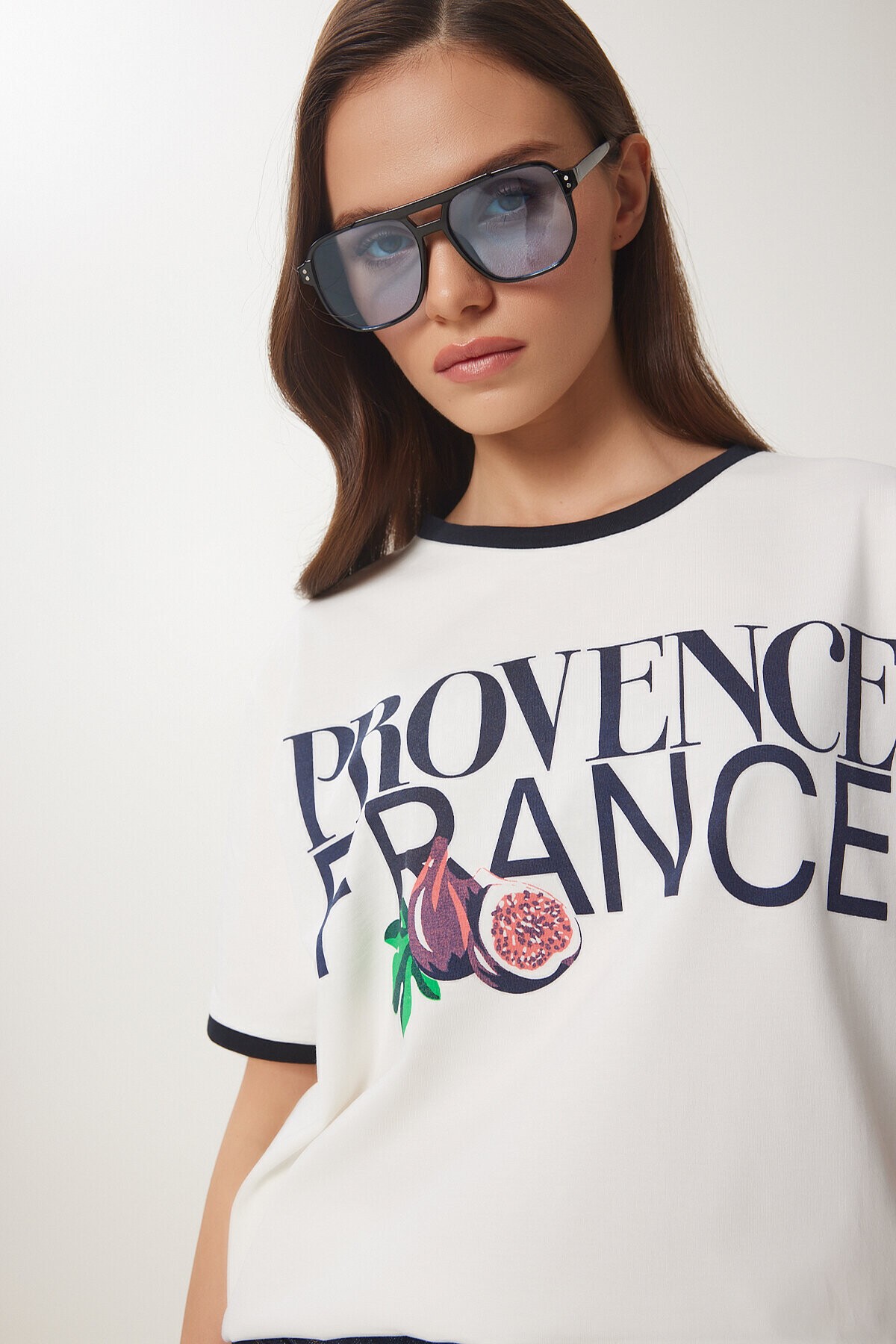 Baskılı Pamuklu Örme T-shirt EKRU LACİVERT LNS0042