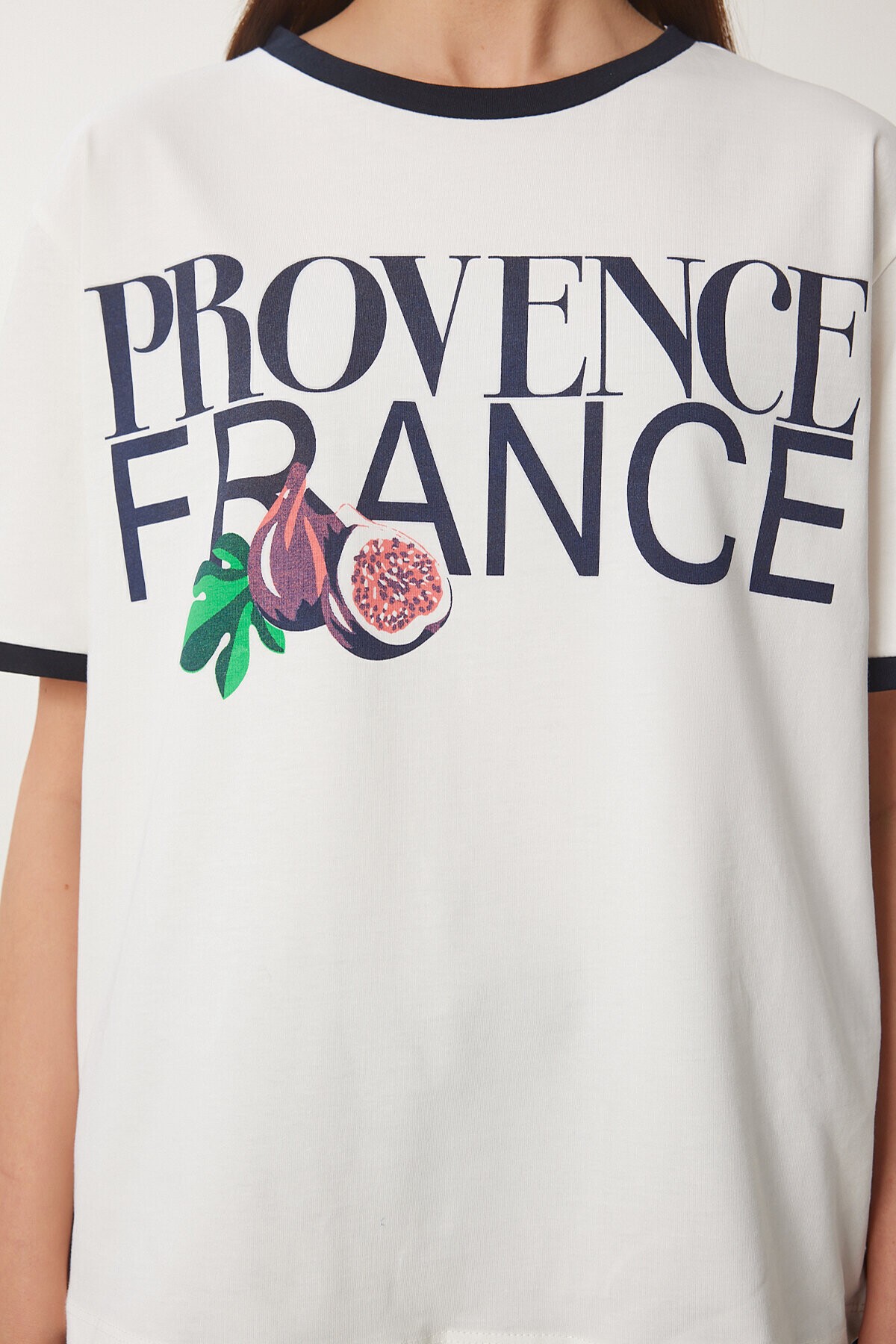Baskılı Pamuklu Örme T-shirt EKRU LACİVERT LNS0042