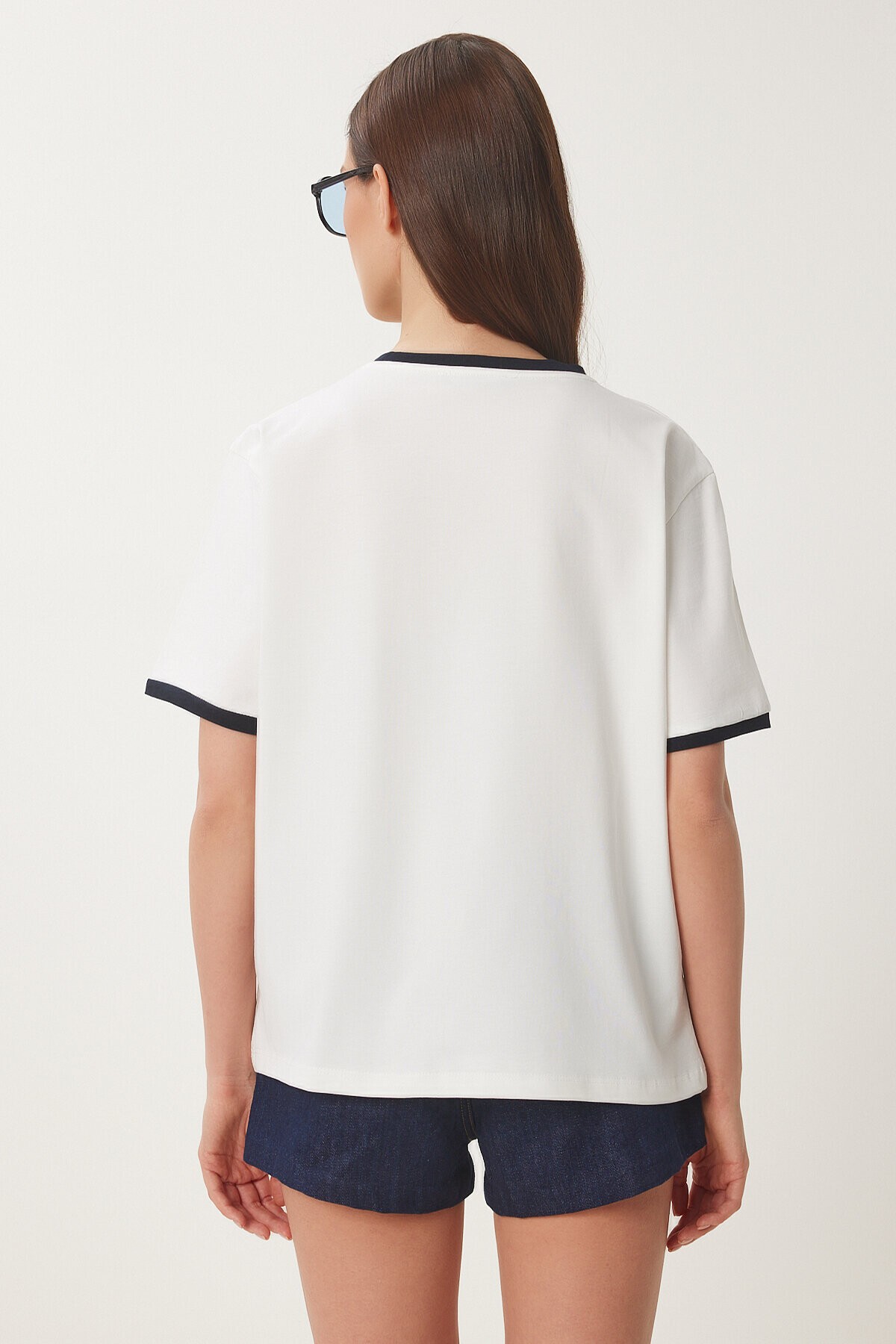 Baskılı Pamuklu Örme T-shirt EKRU LACİVERT LNS0042