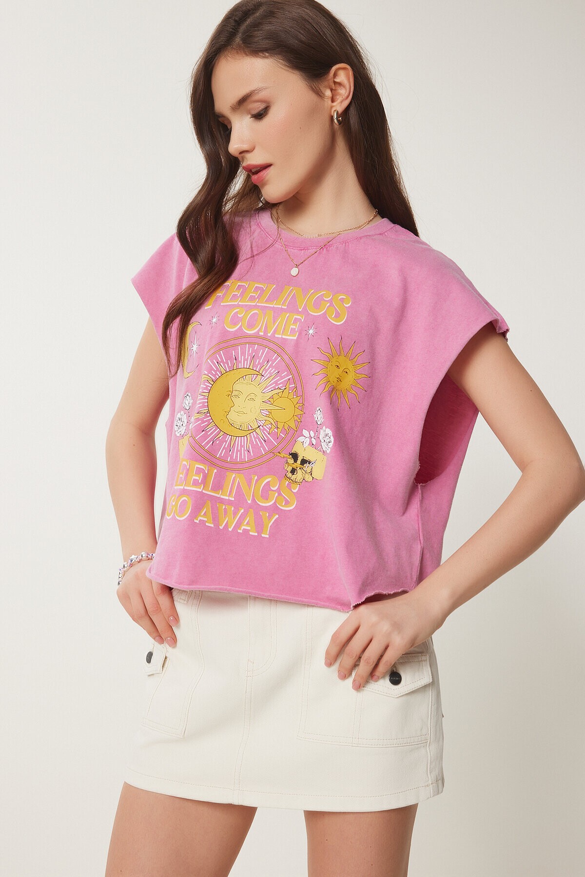 Baskılı Yıkamalı Pamuklu Örme T-shirt PEMBE LUS0087