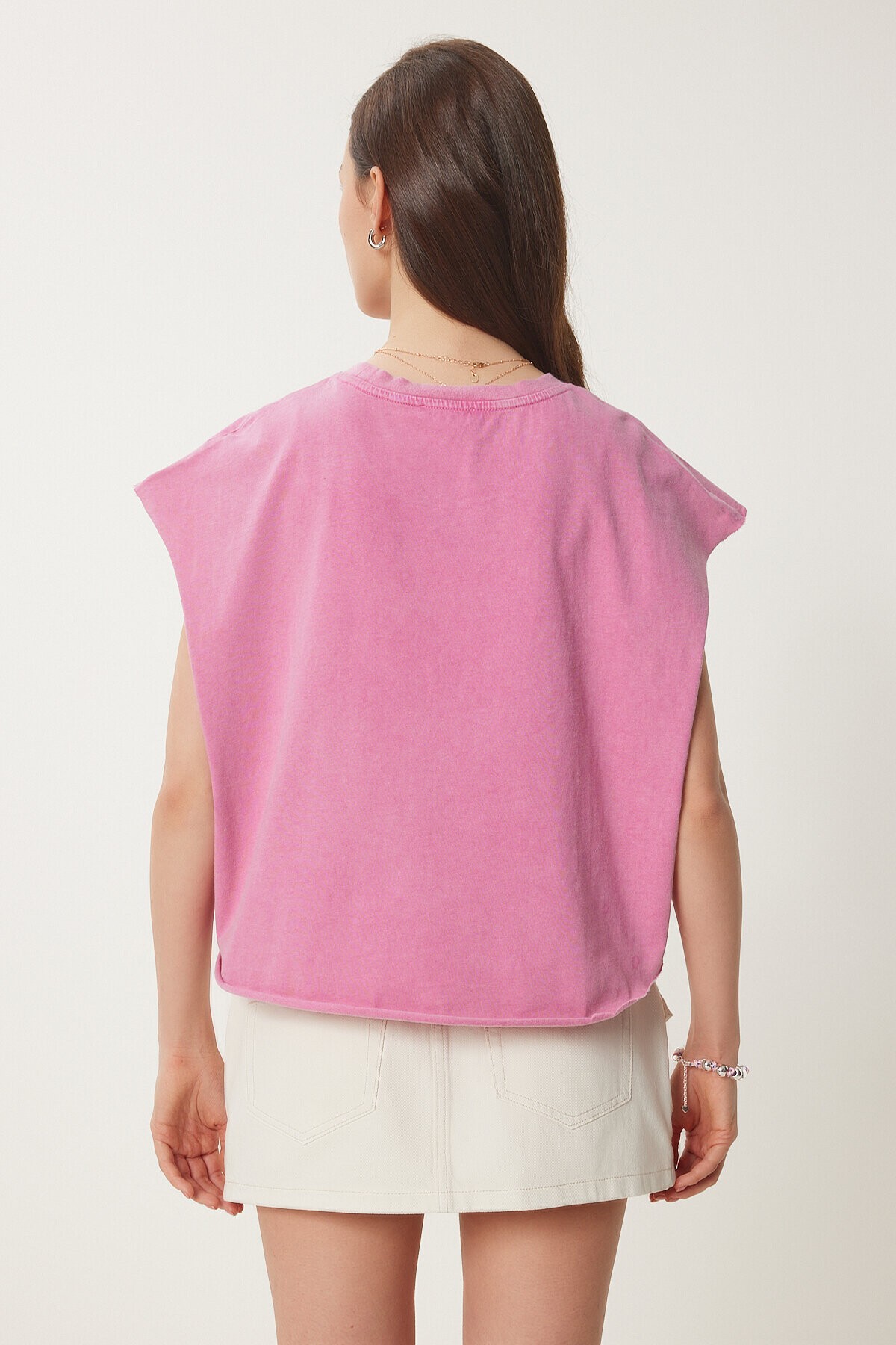 Baskılı Yıkamalı Pamuklu Örme T-shirt PEMBE LUS0087