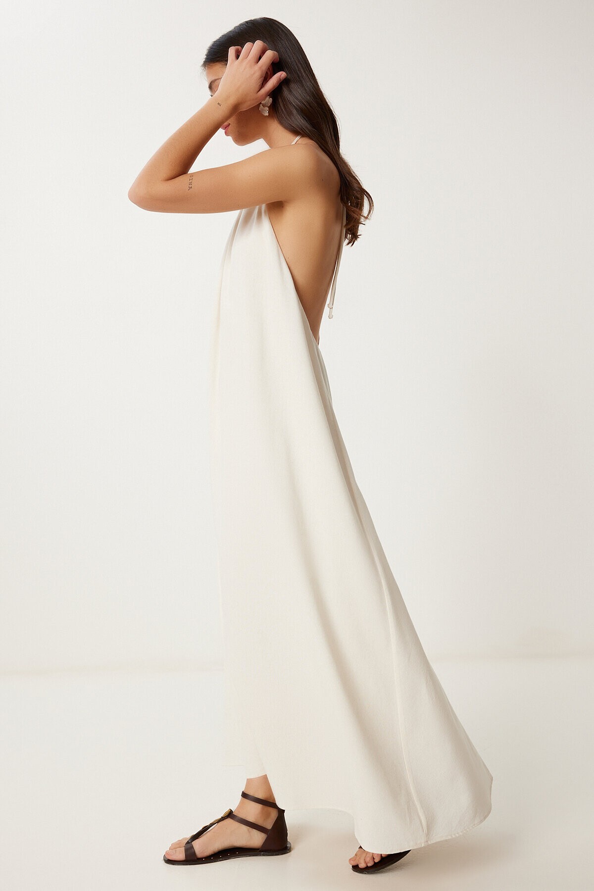 Boyundan Bağlamalı Keten Elbise KREM LFG0014