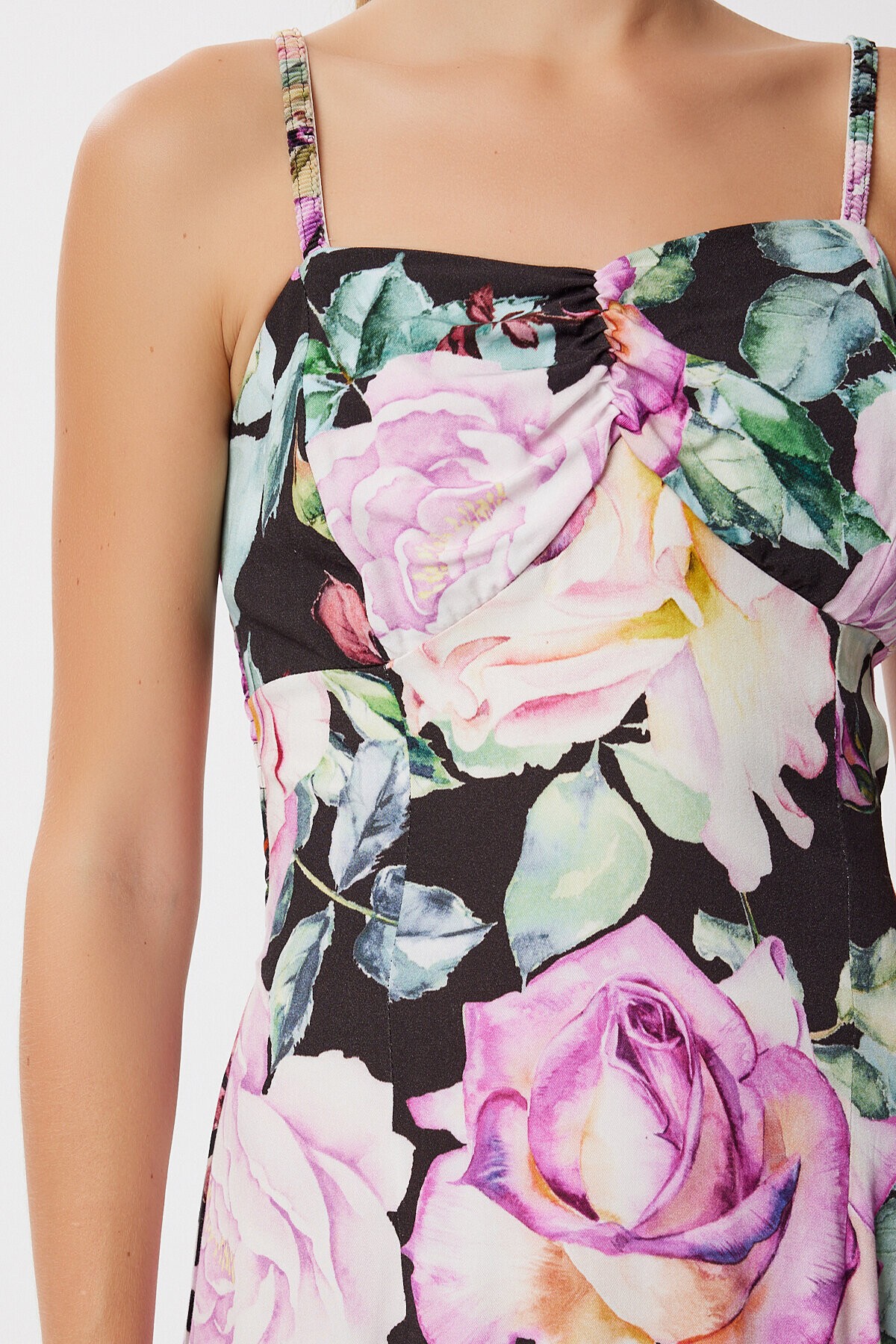 Çiçek Desenli Askılı Viskon Elbise SİYAH LİLA LFF0039