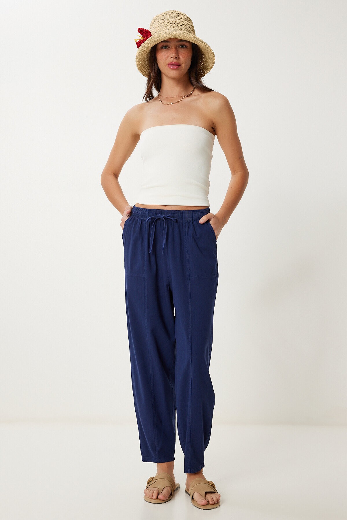 Çımalı Rahat Keten Şalvar Pantolon LACİVERT LMX0080