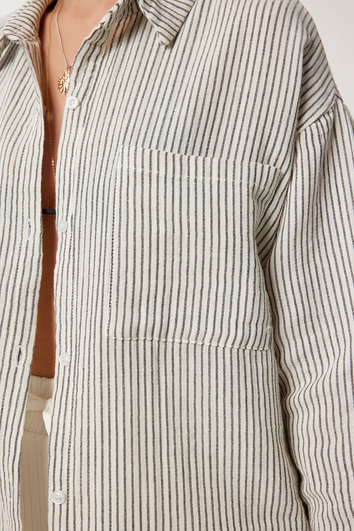 Çizgili Oversize Müslin Gömlek KREM GRİ LSA0012