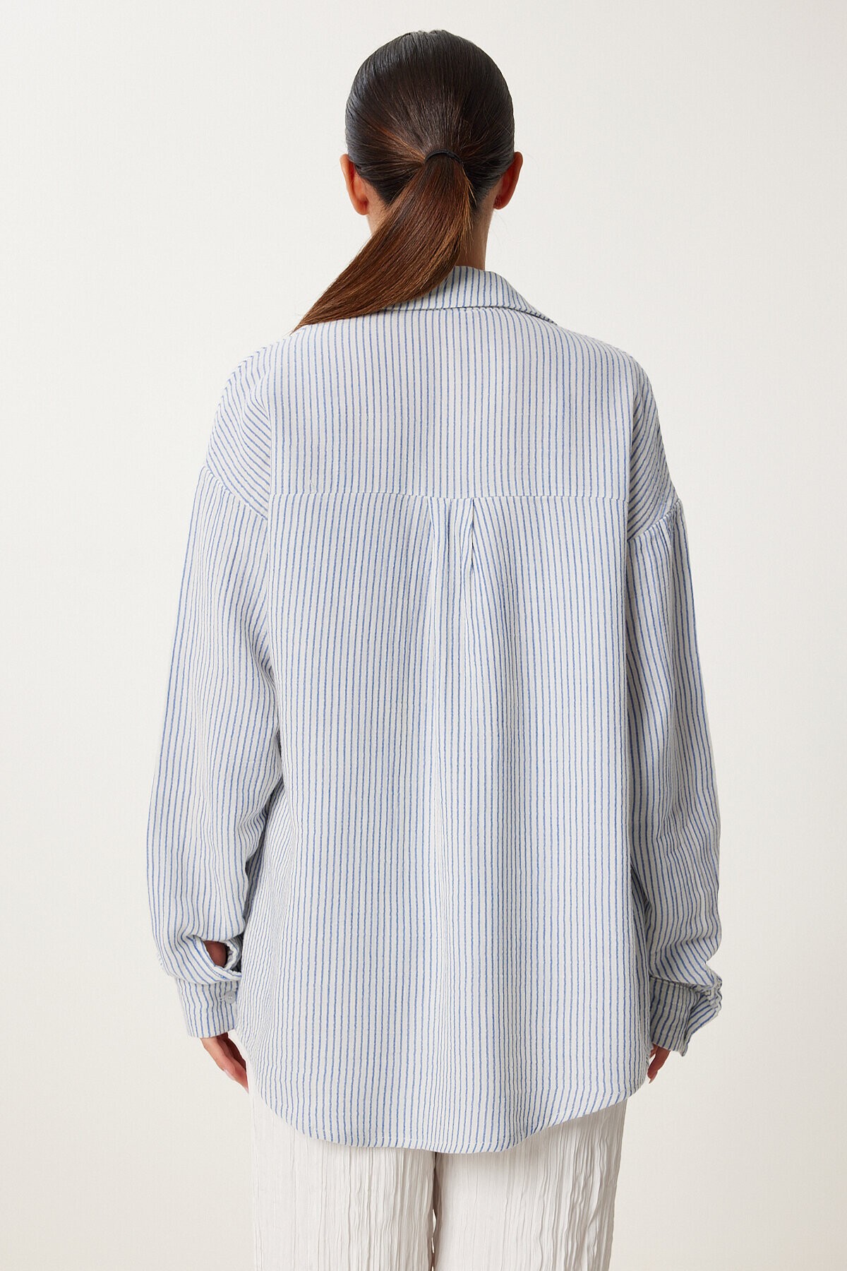 Çizgili Oversize Müslin Gömlek KREM MAVİ LSA0012