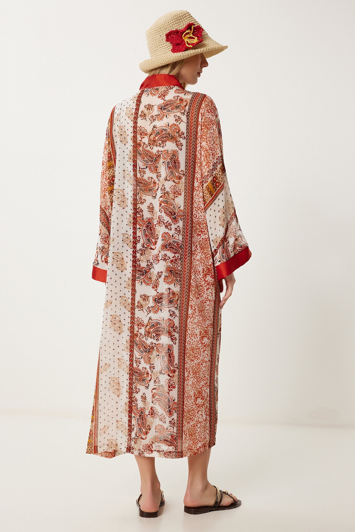 Desenli Şifon Kimono KİREMİT KEMİK LFG0002