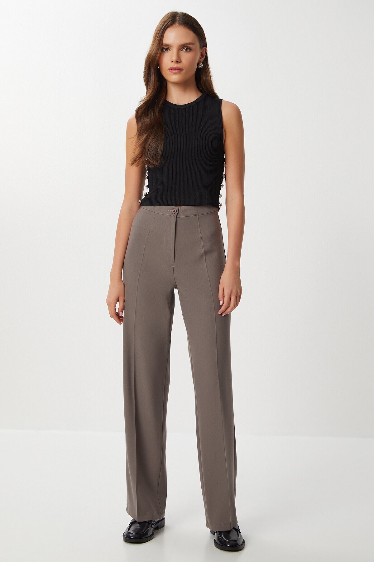 Dikişli Straight Poliviskon Pantolon VİZON LGP0023