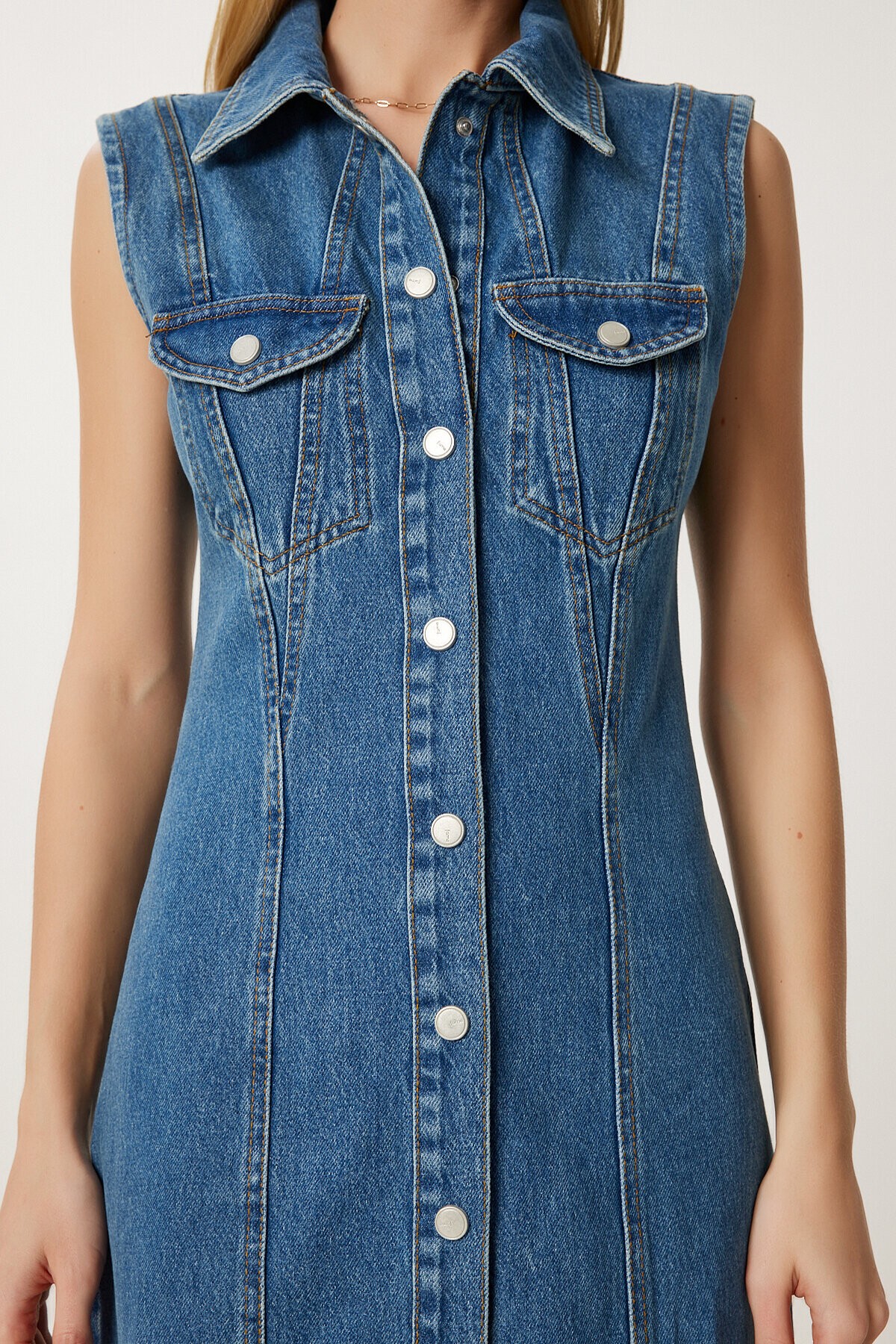 Düğmeli Midi Denim Elbise KOYU MAVİ LFG0004