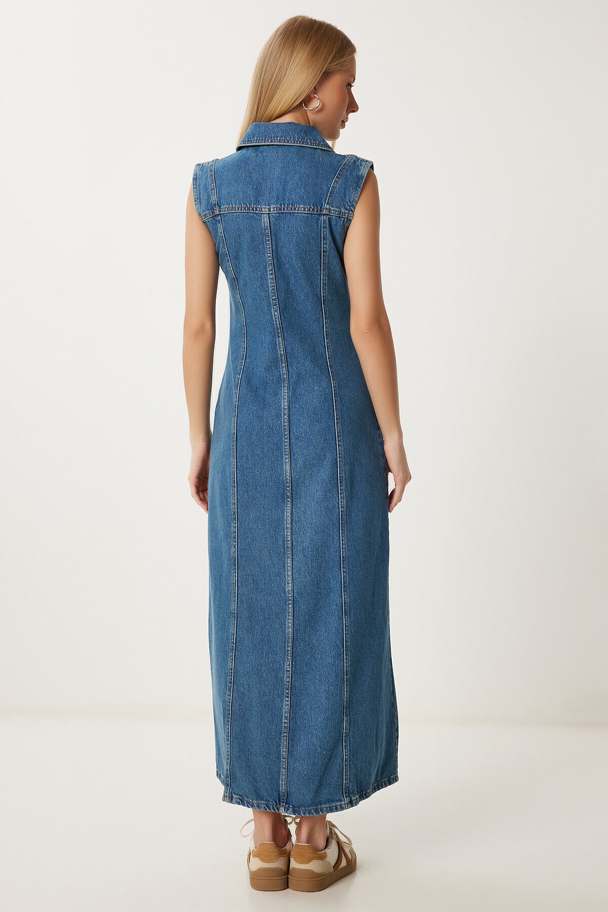 Düğmeli Midi Denim Elbise KOYU MAVİ LFG0004