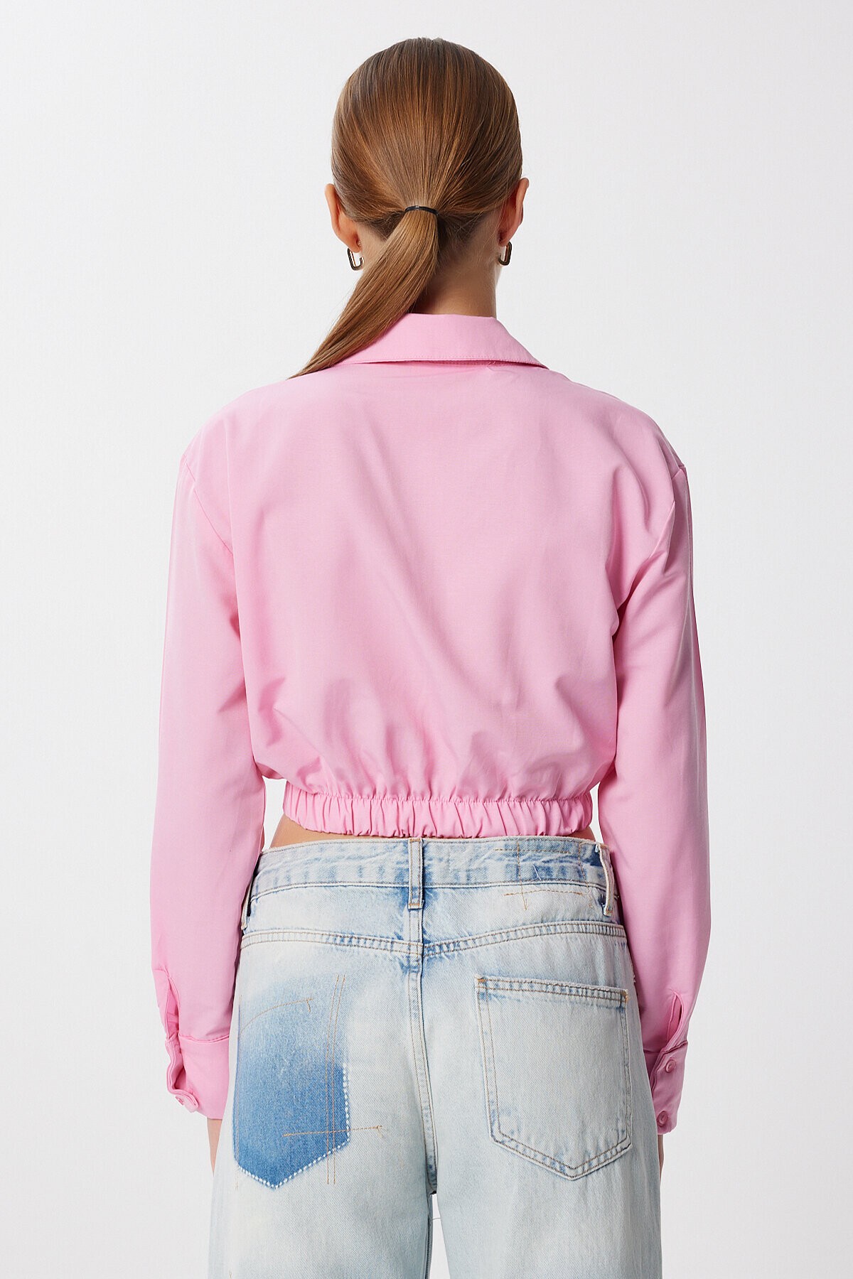 Elastik Belli Crop Dokuma Gömlek ŞEKER PEMBE LMX0111