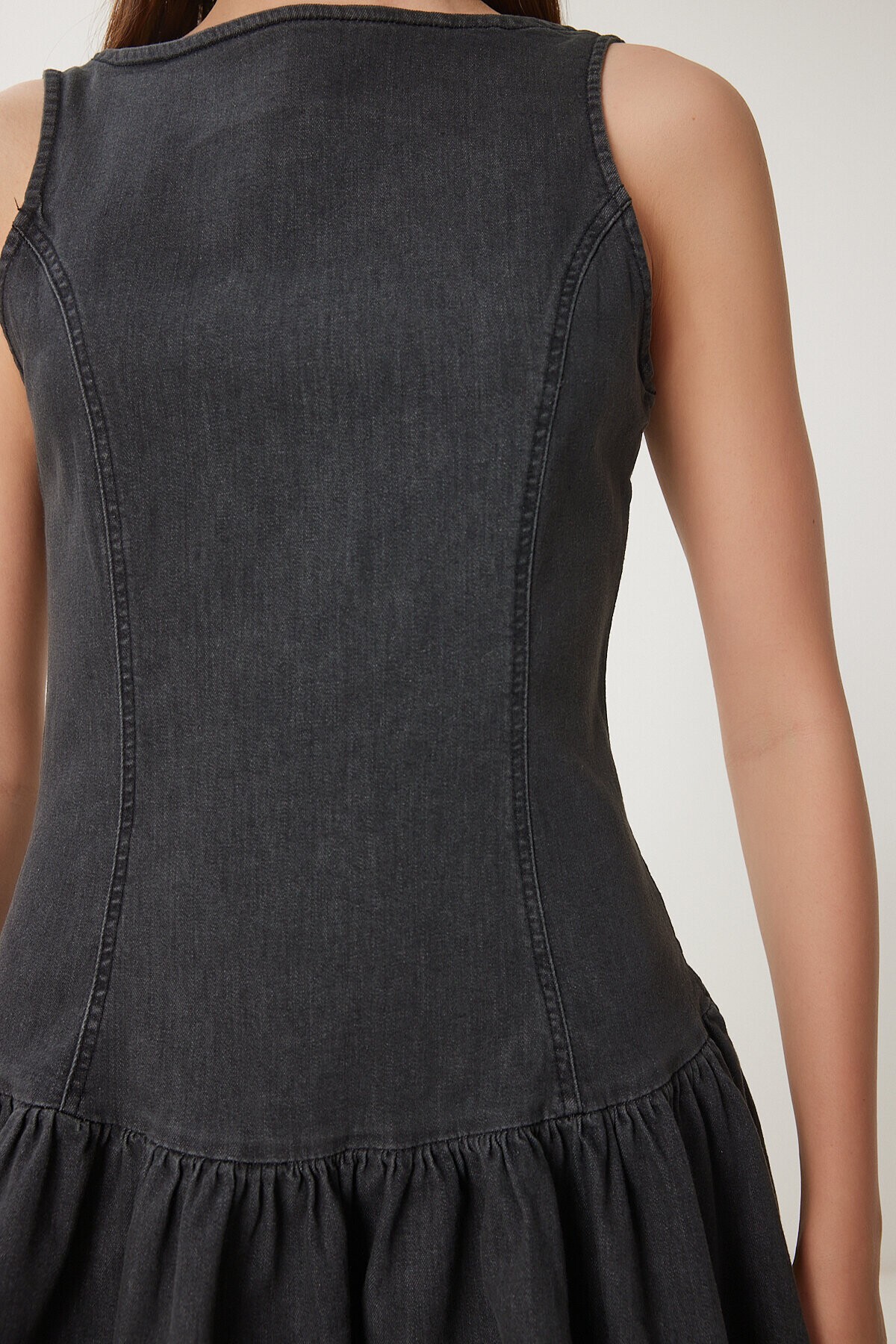 Fırfırlı Mini Denim Elbise ANTRASİT LHC0011