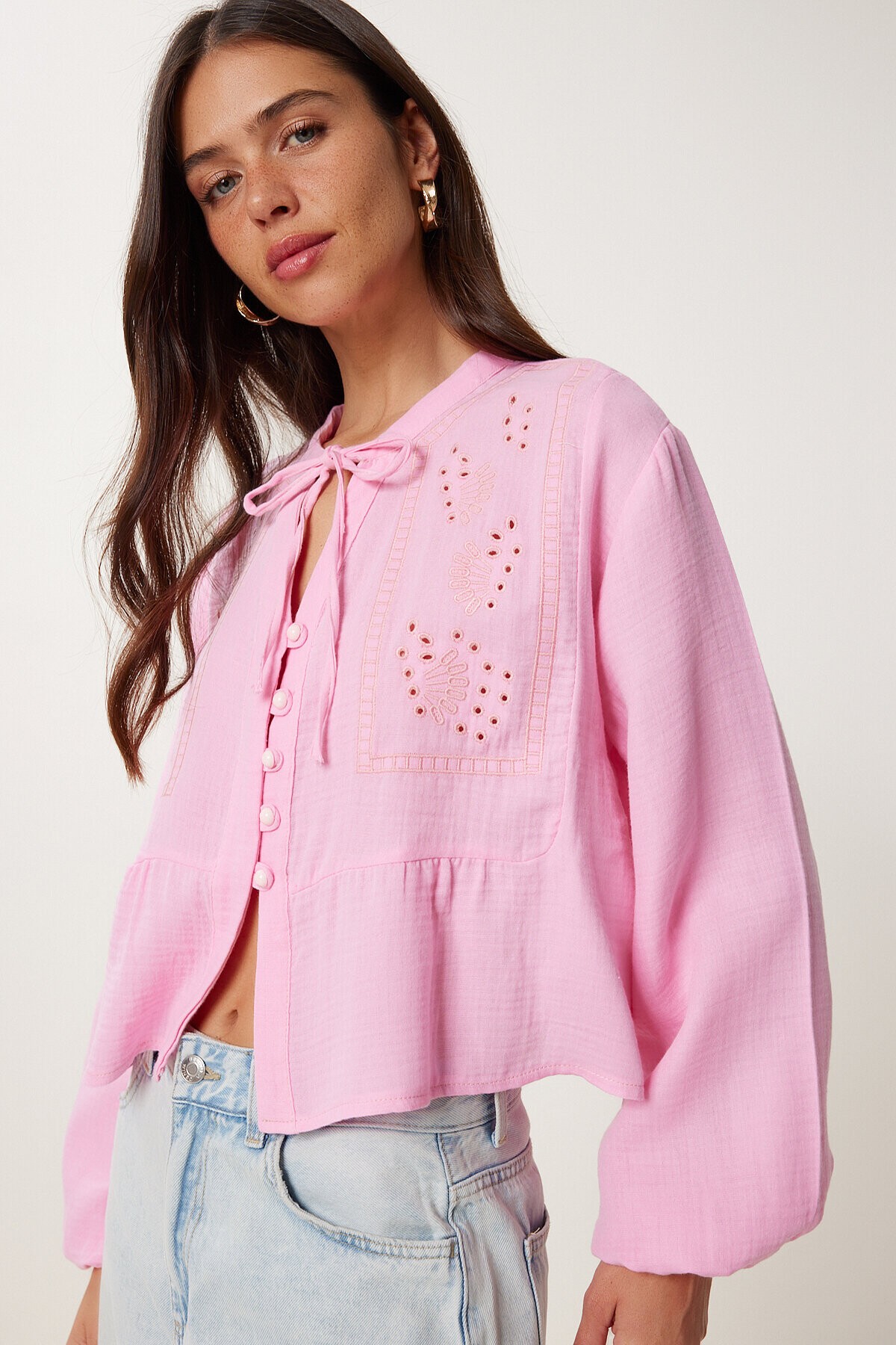 Fistolu Bağlama Detaylı Müslin Bluz PEMBE LFH0002