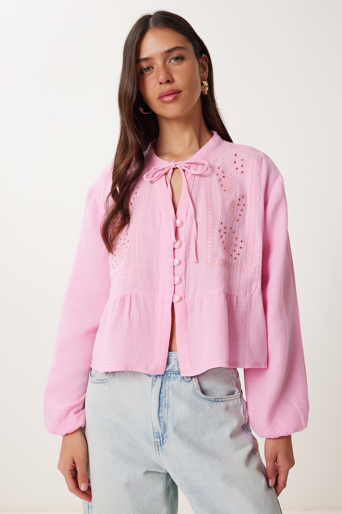 Fistolu Bağlama Detaylı Müslin Bluz PEMBE LFH0002