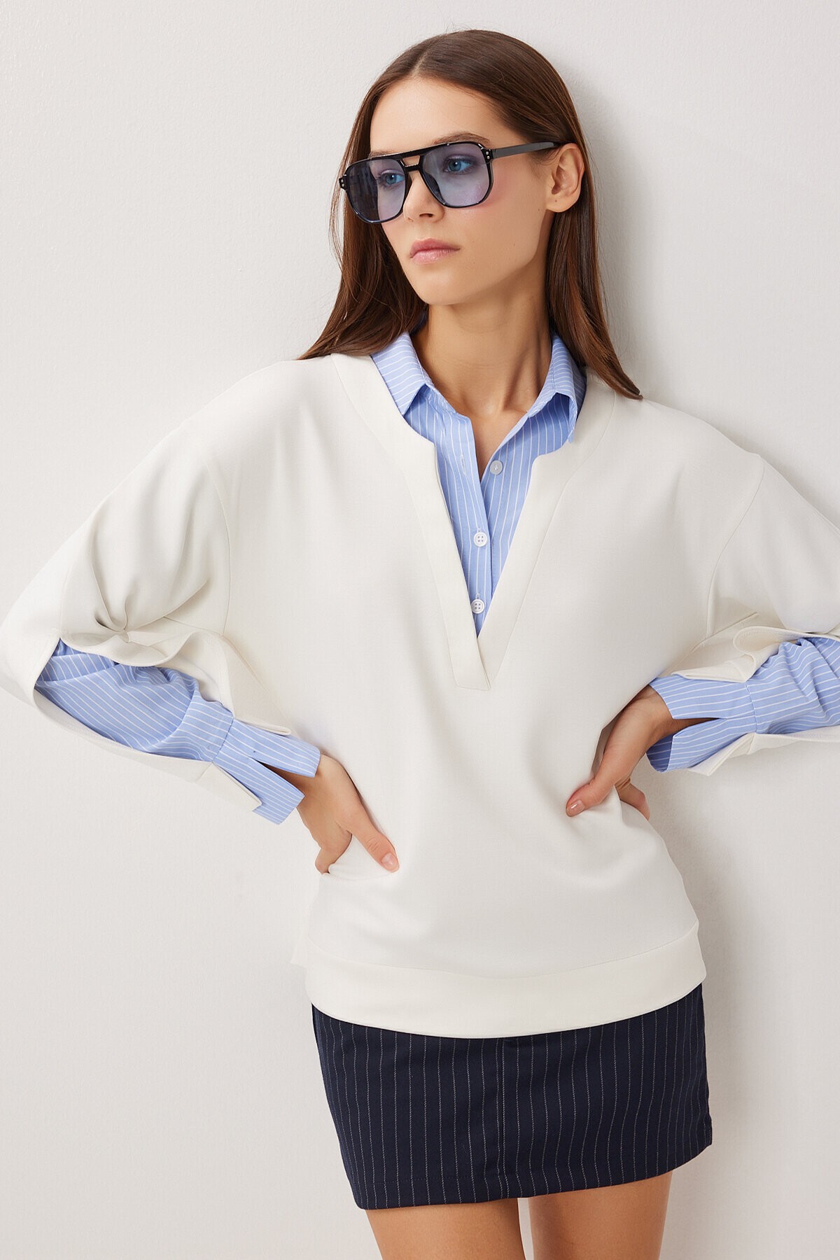 Gömlek Yaka Modal Sweatshirt KEMİK LXA0018