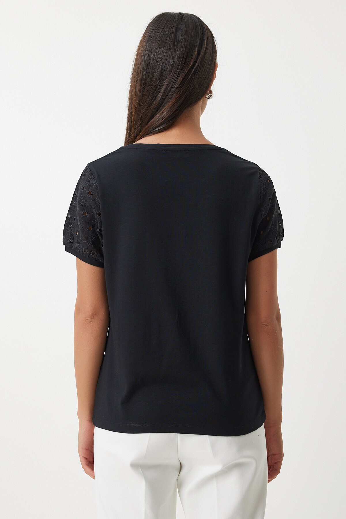 Güpür Kollu Pamuklu Basic Örme T-shirt SİYAH LVF0001