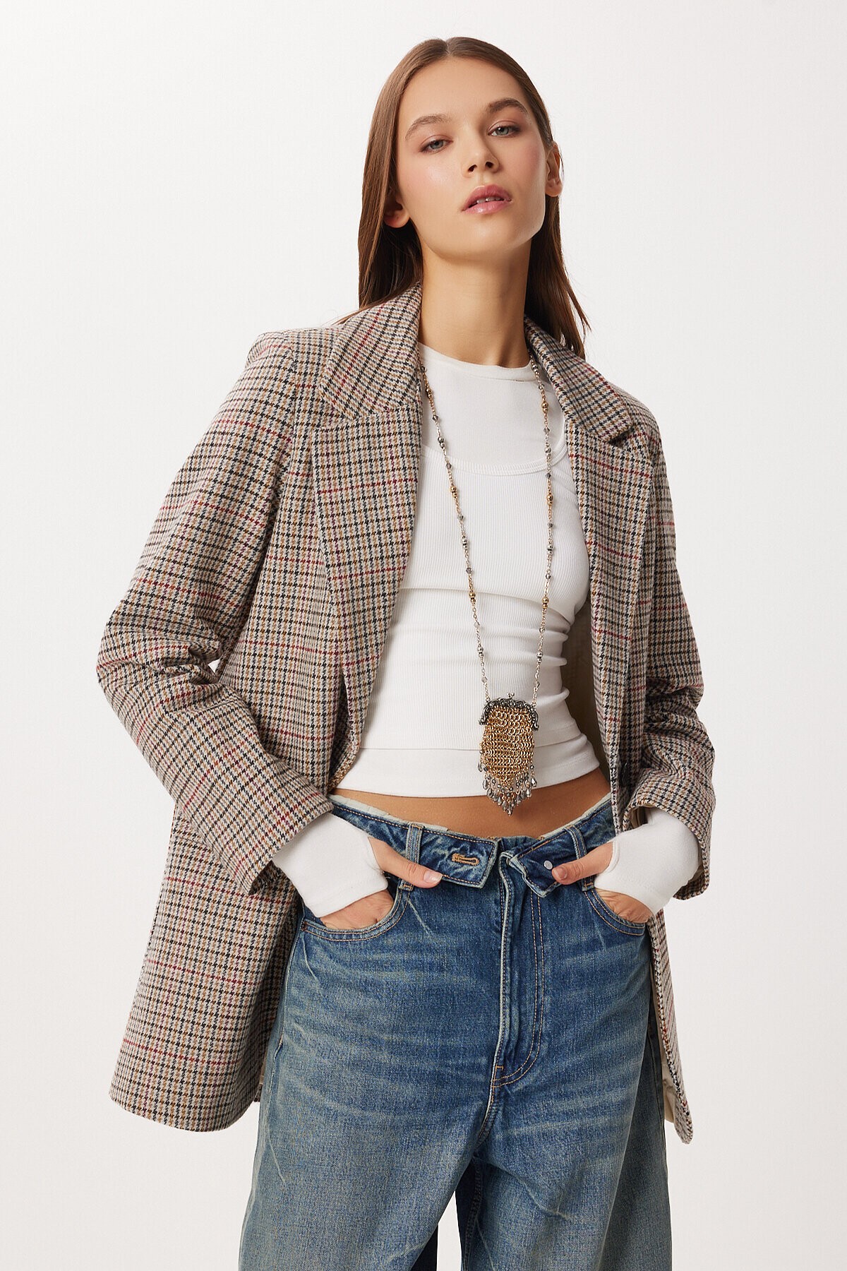 Kareli Vatkalı Düz Blazer Ceket KEMİK SİYAH LXA0019