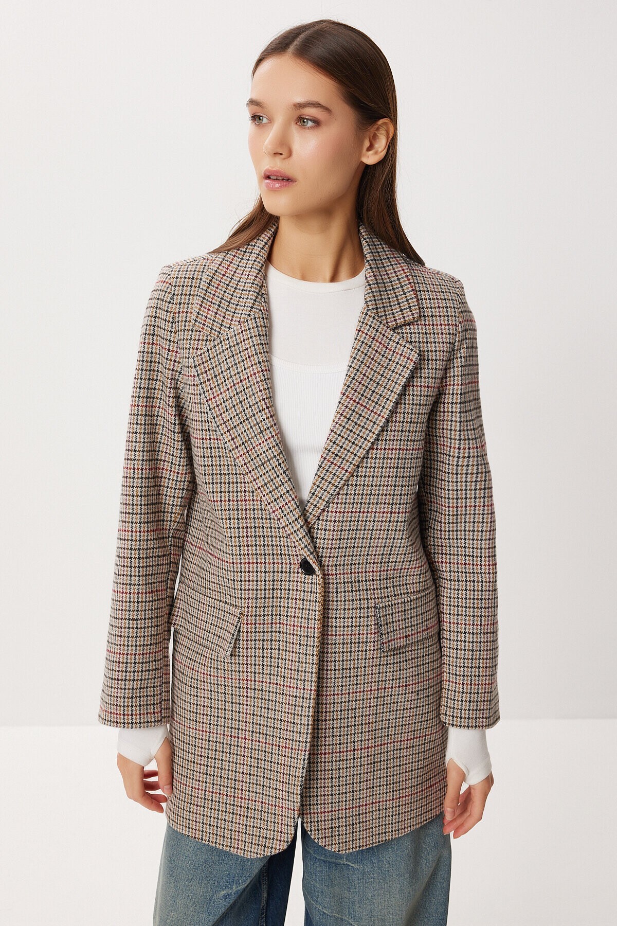 Kareli Vatkalı Düz Blazer Ceket KEMİK SİYAH LXA0019