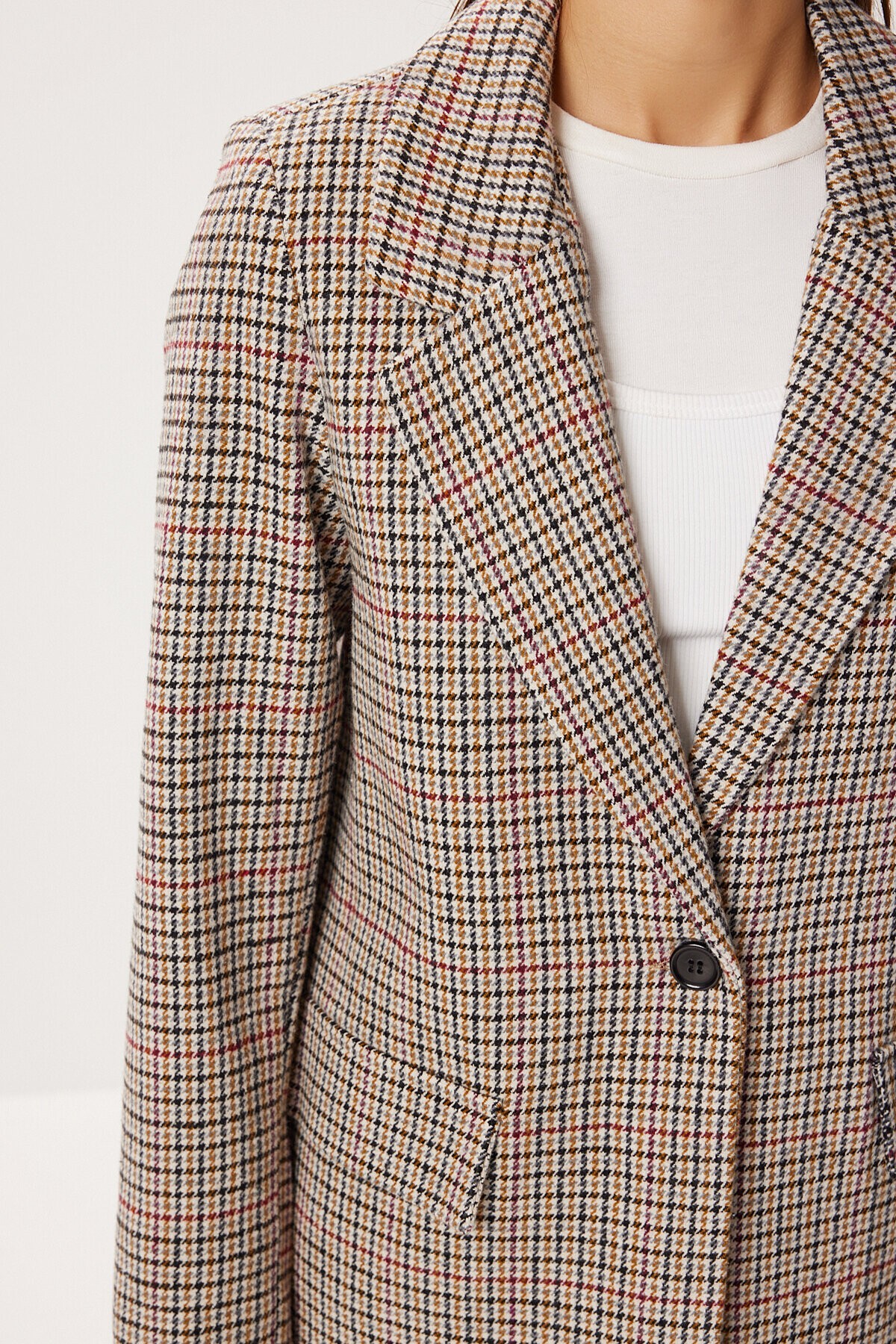 Kareli Vatkalı Düz Blazer Ceket KEMİK SİYAH LXA0019