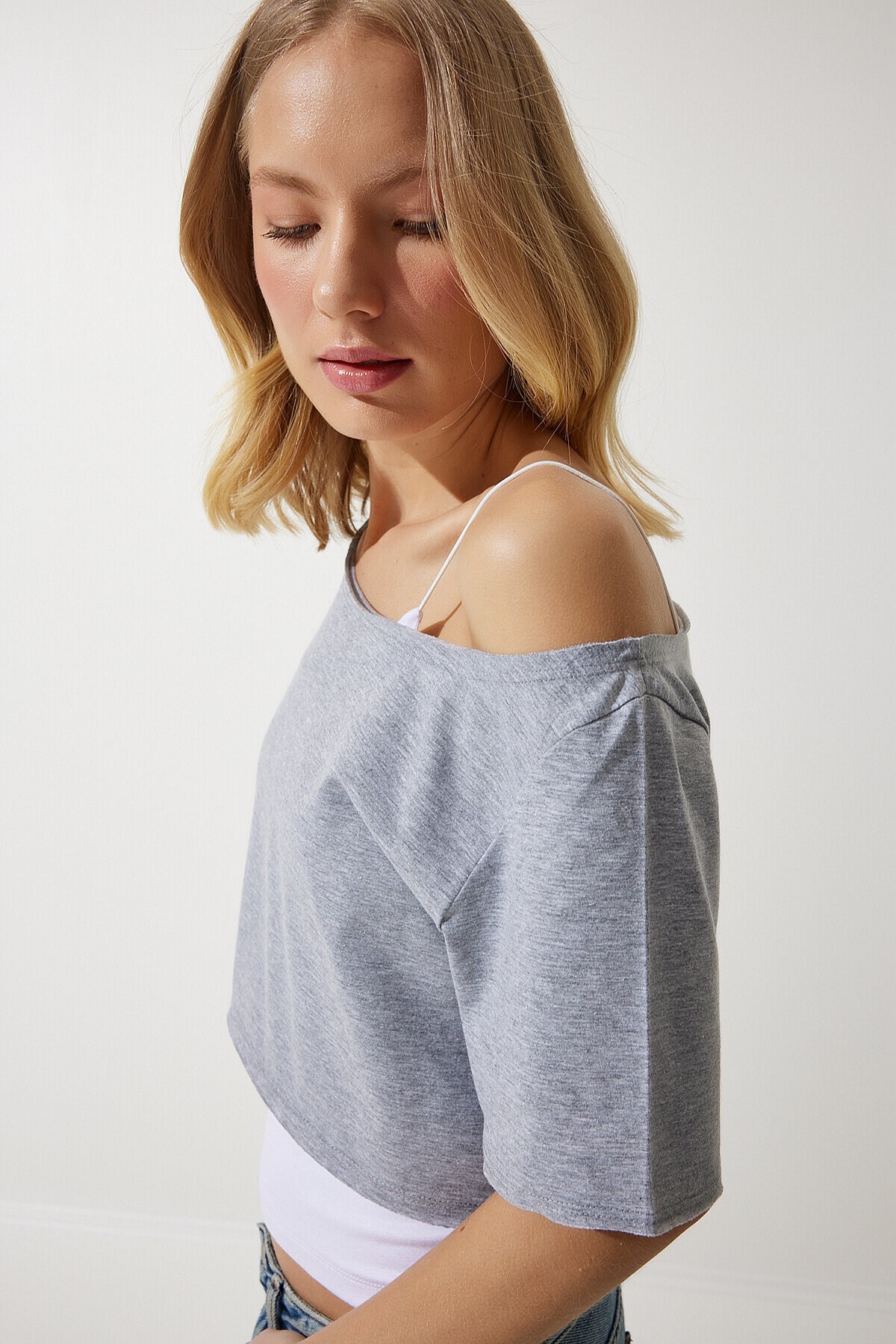 Kayık Yaka Basic Crop Örme T-shirt GRİ MELANJ LOW0037