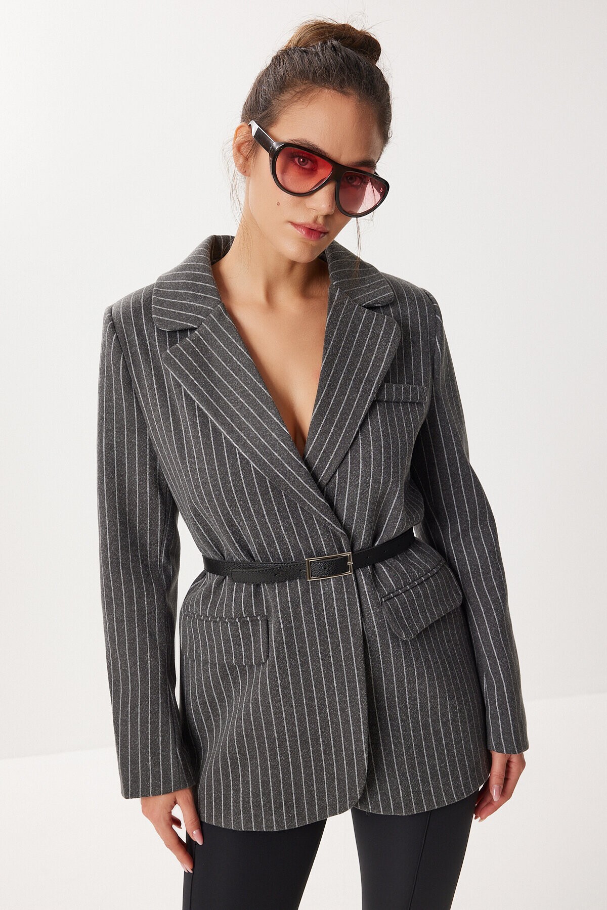 Kemerli Çizgili Kaşe Blazer Ceket ANTRASİT LFN0144