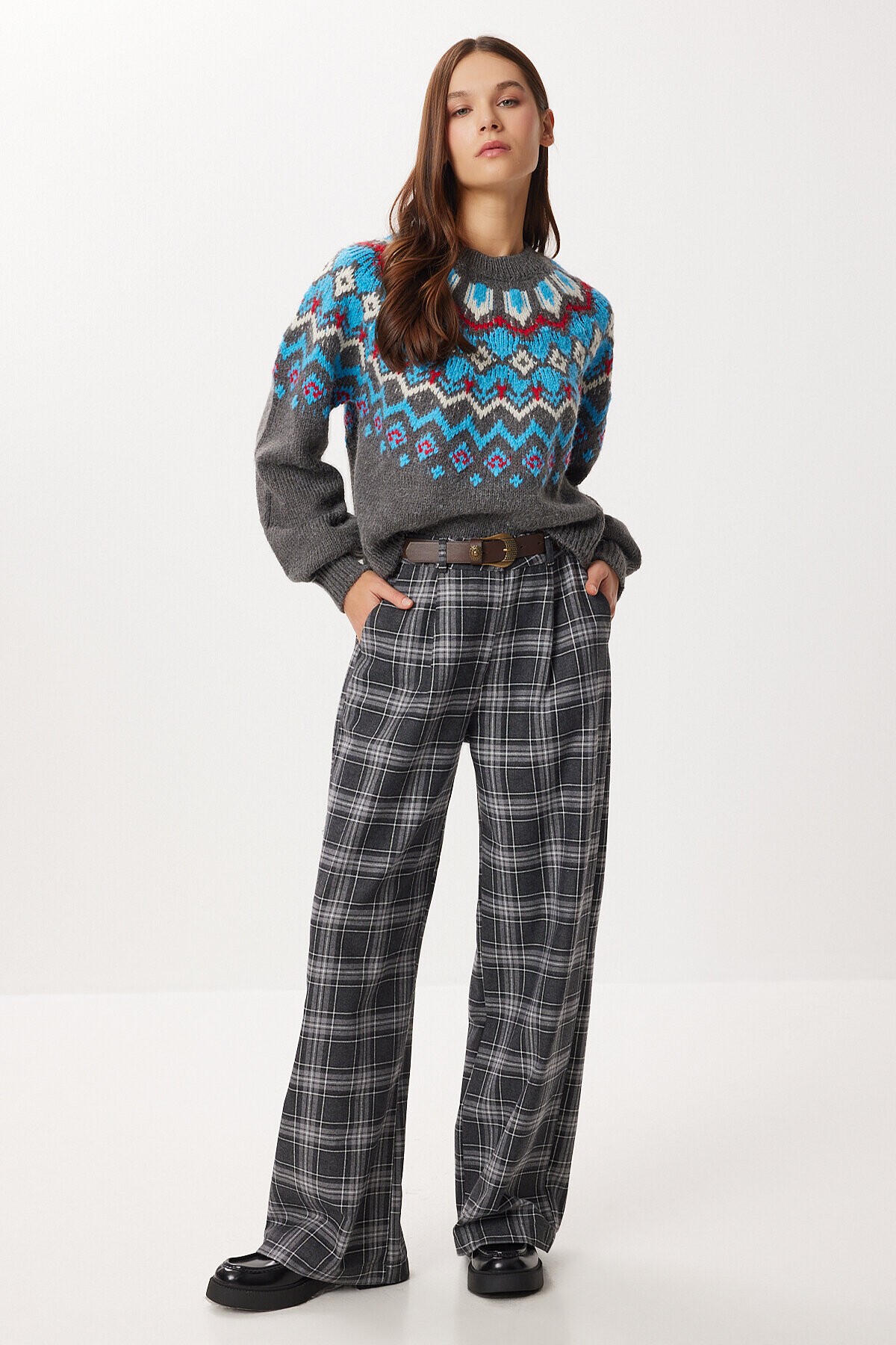 Kemerli Kareli Poliviskon Pantolon LACİVERT LRG0049