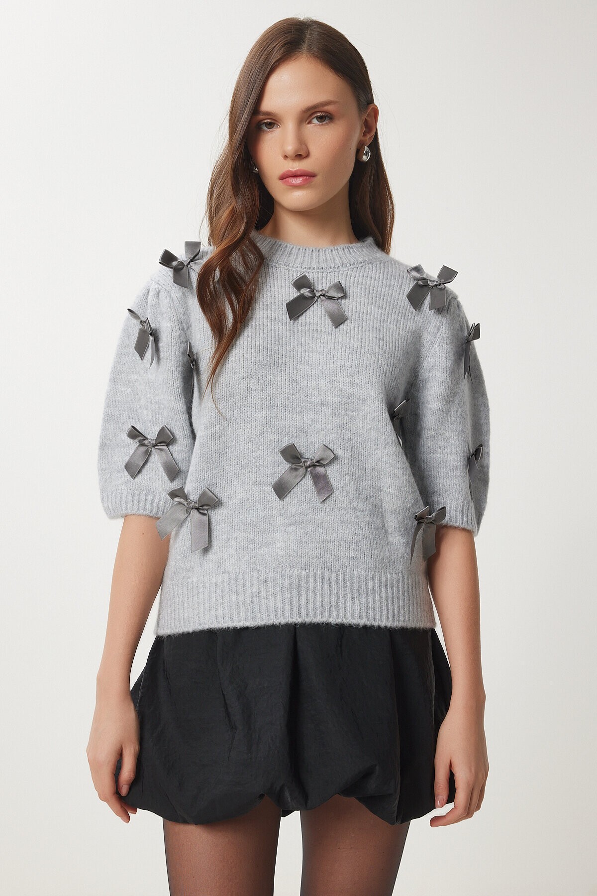 Kısa Kollu Fiyonklu Triko Bluz GRİ LDP0031
