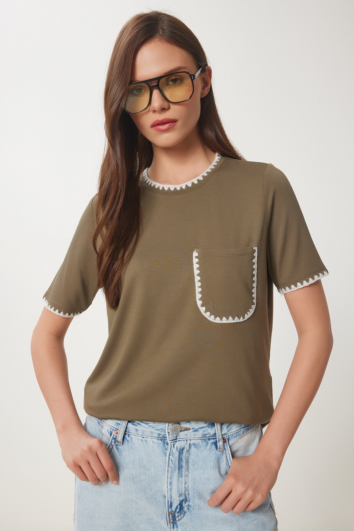Kontrast Şertili Örme T-shirt HAKİ LTP0013