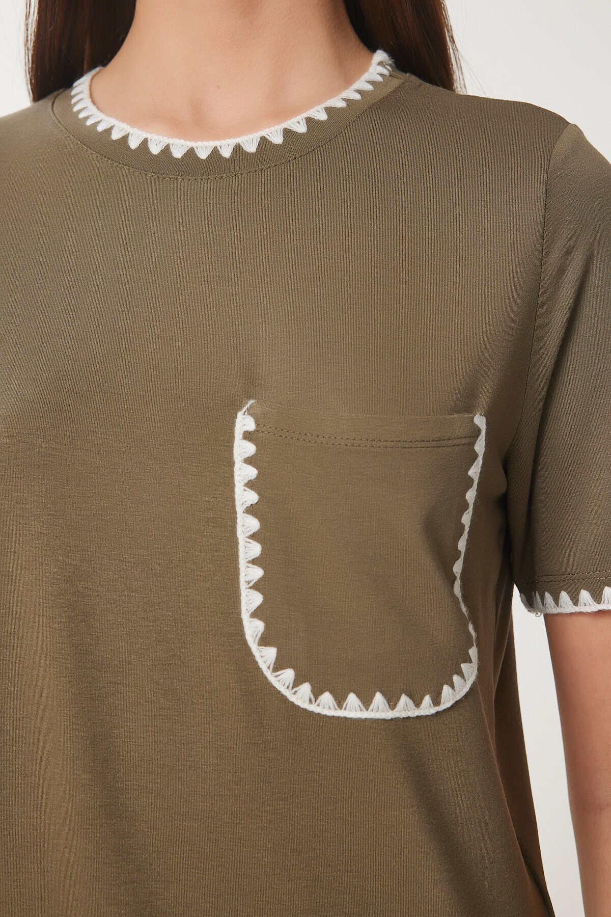 Kontrast Şertili Örme T-shirt HAKİ LTP0013