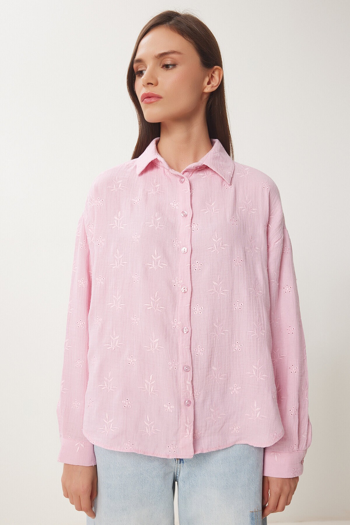 Nakış İşlemeli Müslin Gömlek PEMBE LHF0022