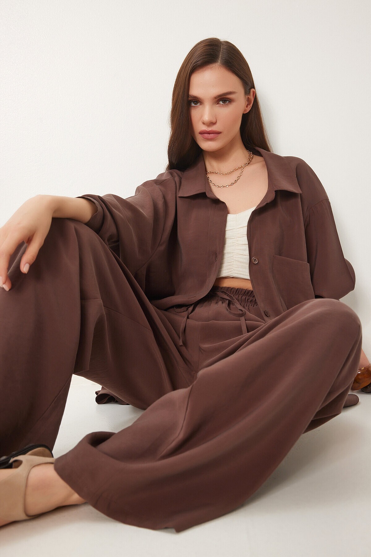 Oversize Modal Gömlek Pantolon Takım 58691 KAHVERENGİ LDP0038