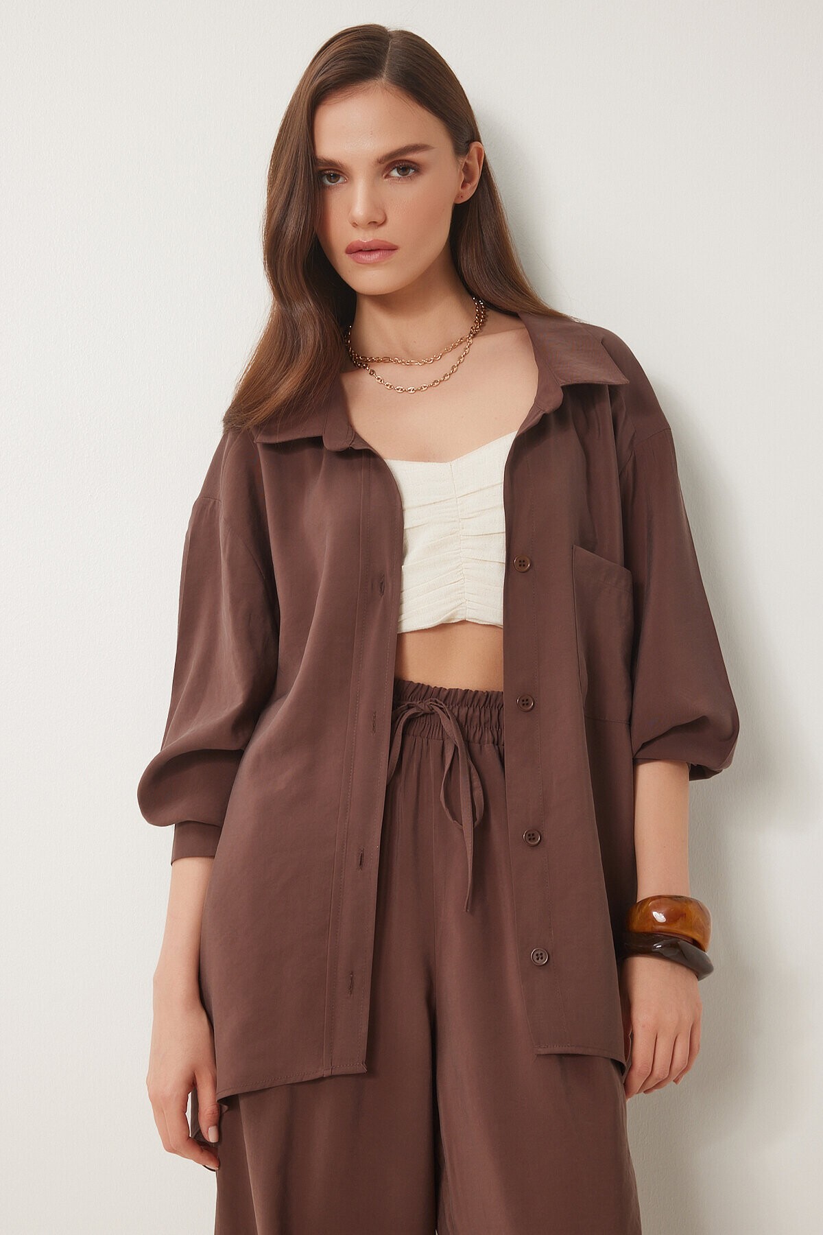 Oversize Modal Gömlek Pantolon Takım 58691 KAHVERENGİ LDP0038