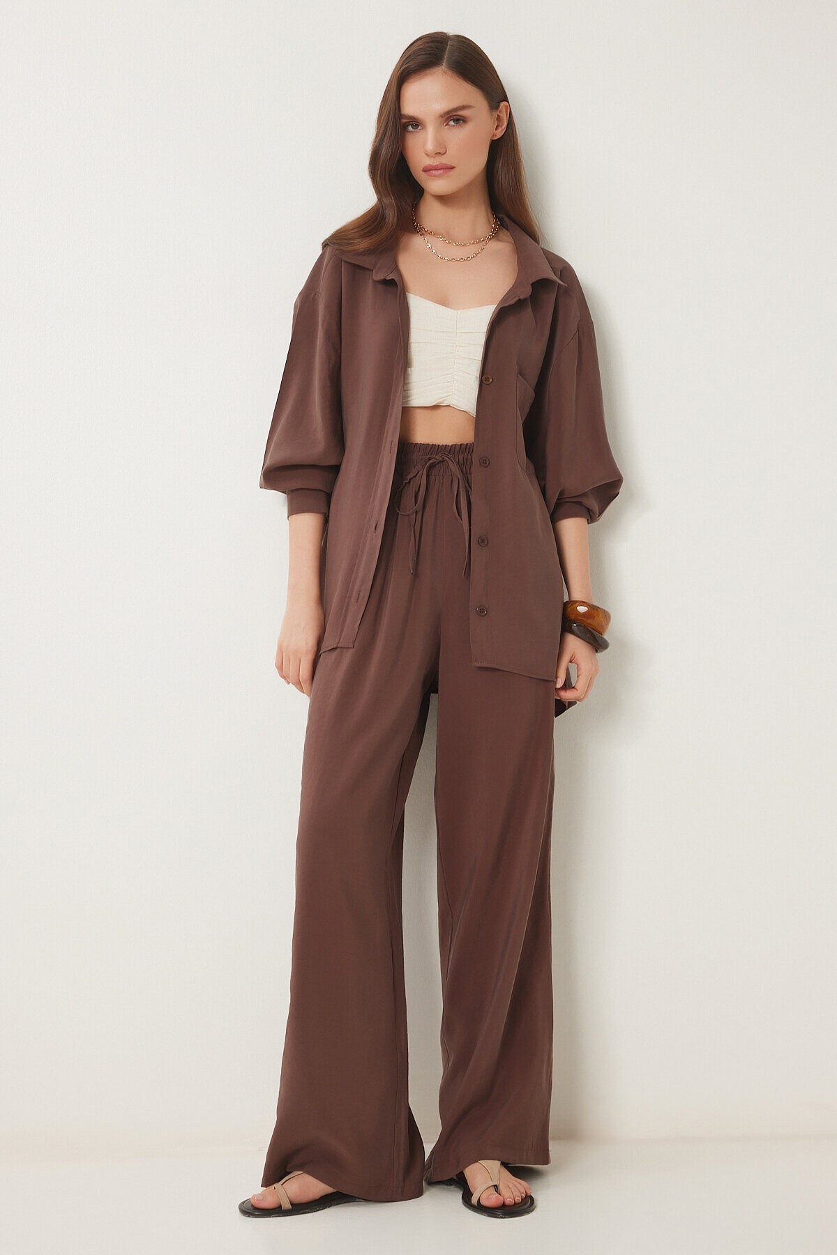 Oversize Modal Gömlek Pantolon Takım 58691 KAHVERENGİ LDP0038