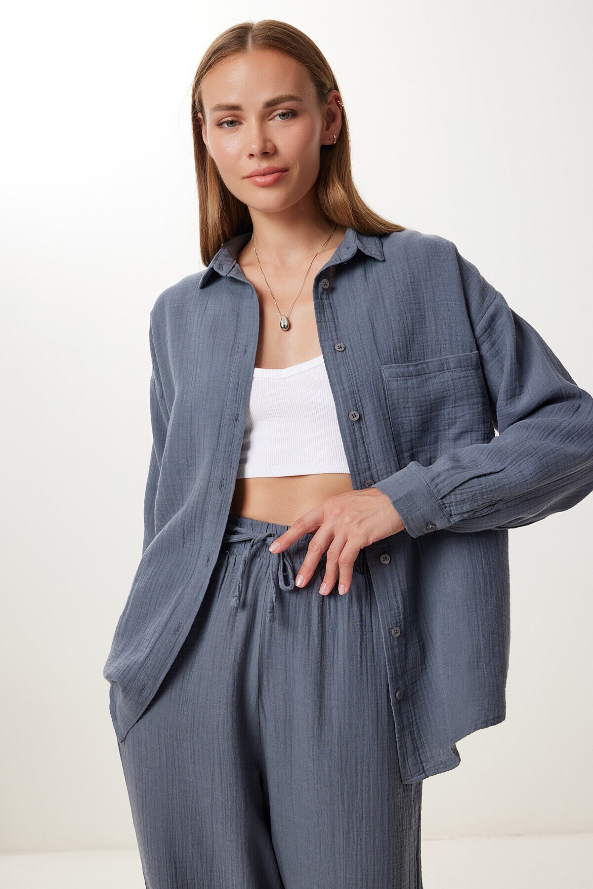 Oversize Müslin Gömlek Pantolon Takım ANTRASİT LSA0014
